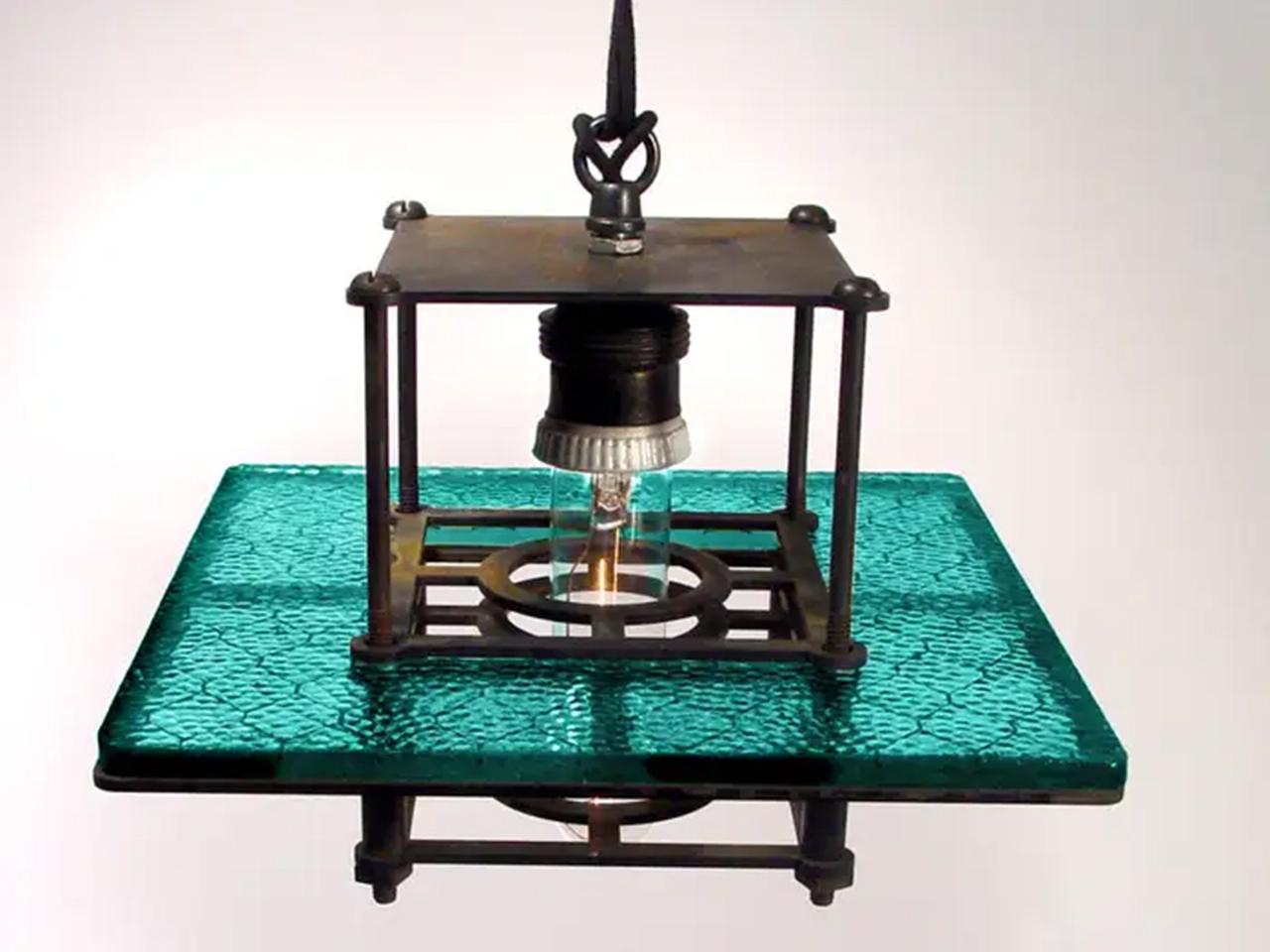 American Skeletal Industrial Blue Wire Glass Pendent Lamps For Sale
