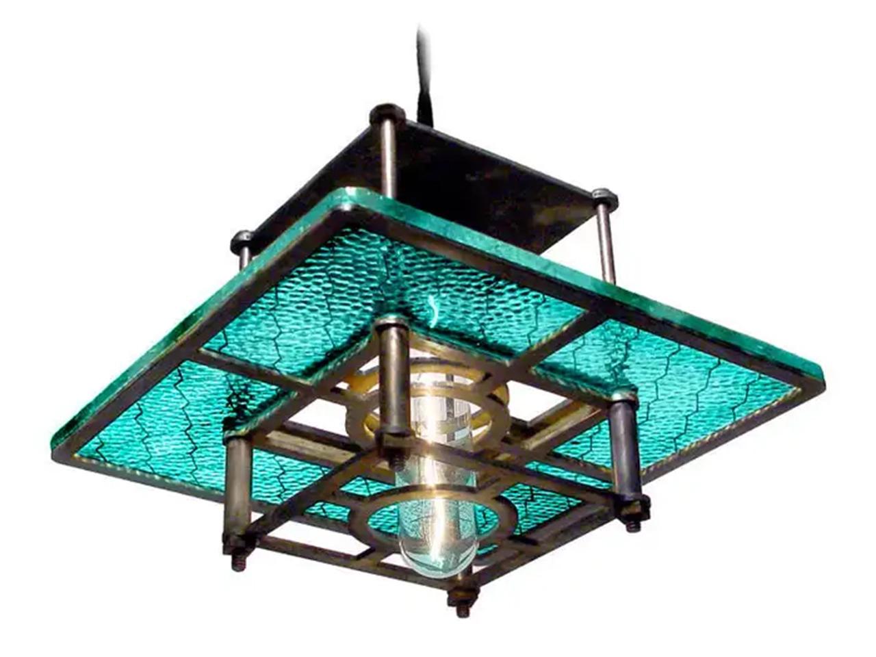 Skeletal Industrial Blue Wire Glass Pendent Lamps In Excellent Condition For Sale In Peekskill, NY