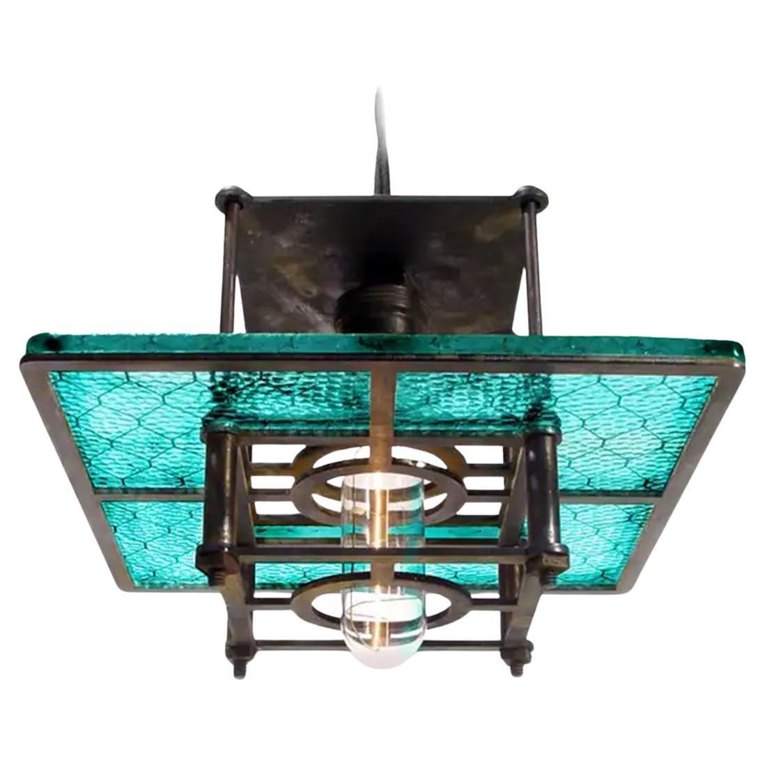 Skeletal Industrial Blue Wire Glass Pendent Lamps
