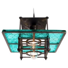 Skeletal Industrial Blue Wire Glass Pendent Lamps