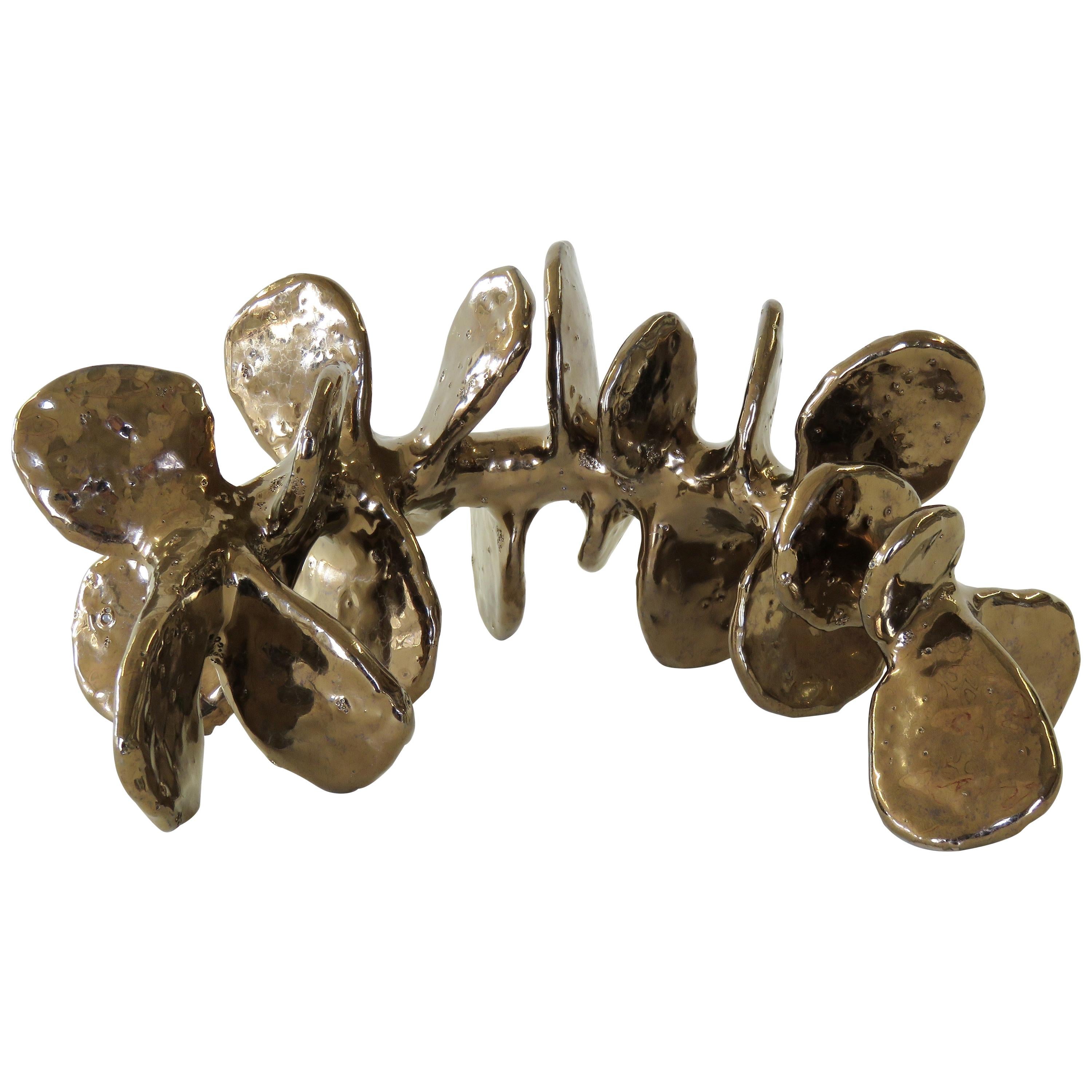 Skeletal Spine "Walking Rachis" in Gold Glaze Hand Built Ceramic Sculpture