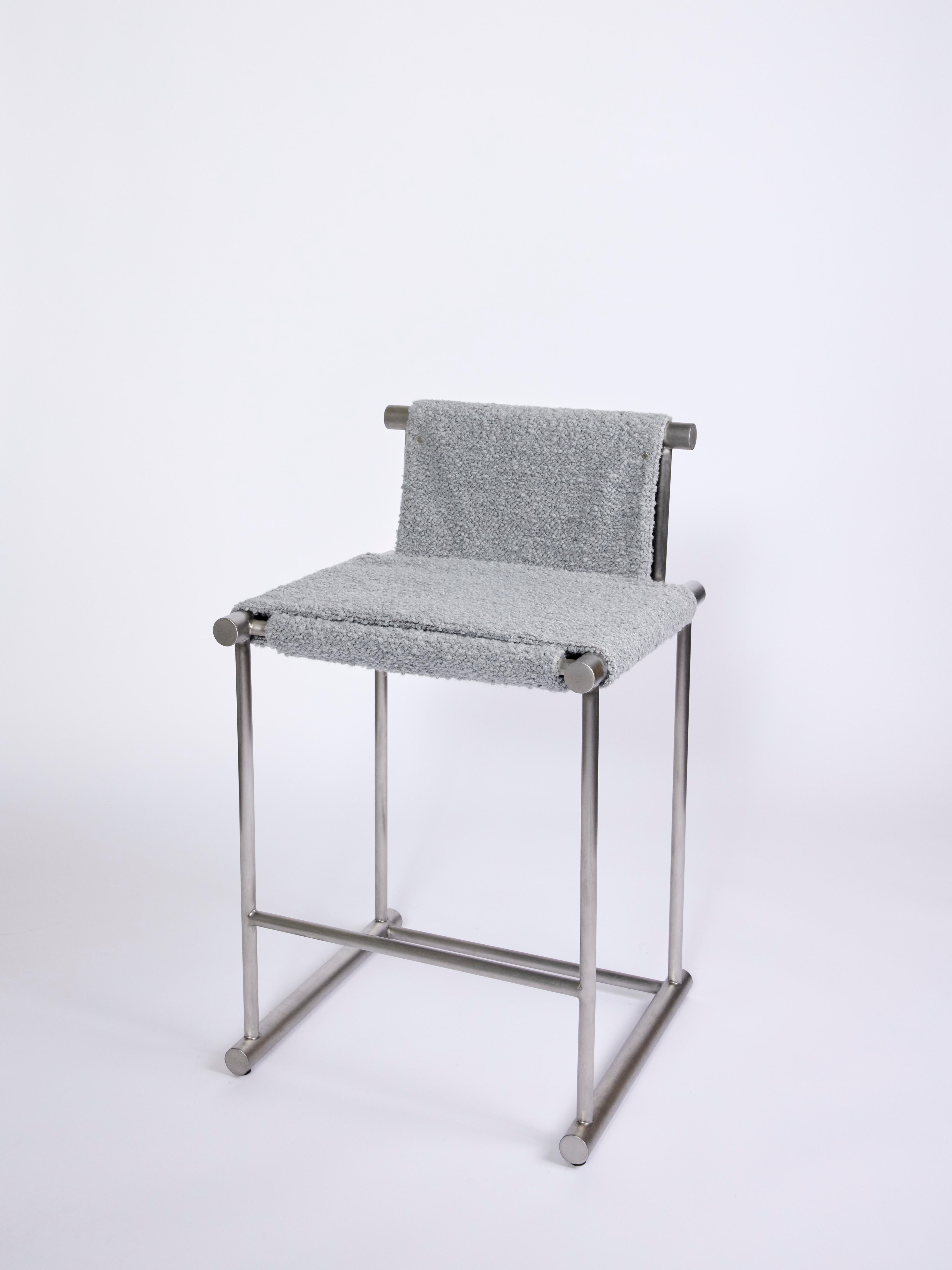 Modern Skeleton, Counter Chair in Brushed Stainless with Boucle For Sale