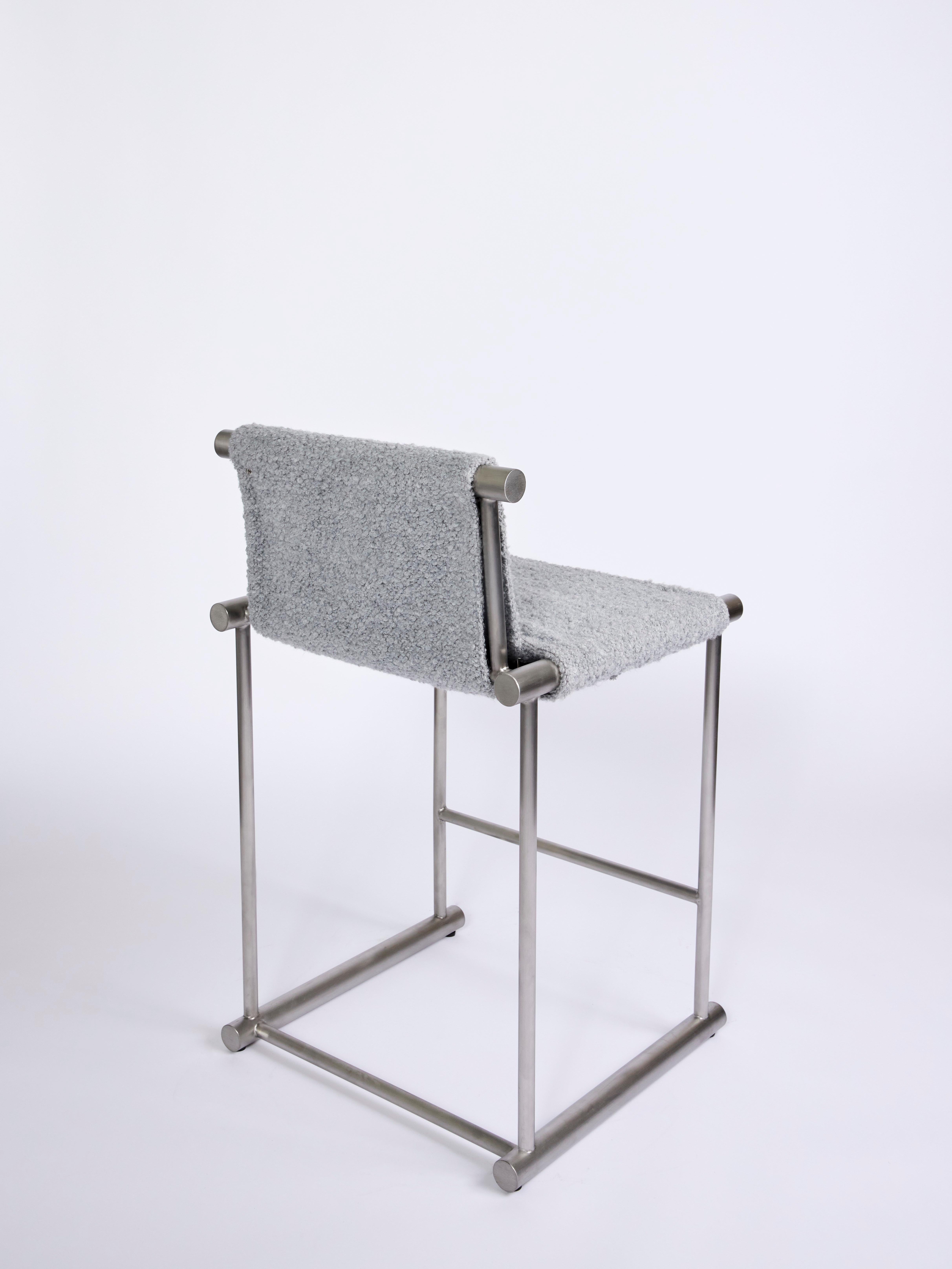 American Skeleton, Counter Chair in Brushed Stainless with Boucle For Sale