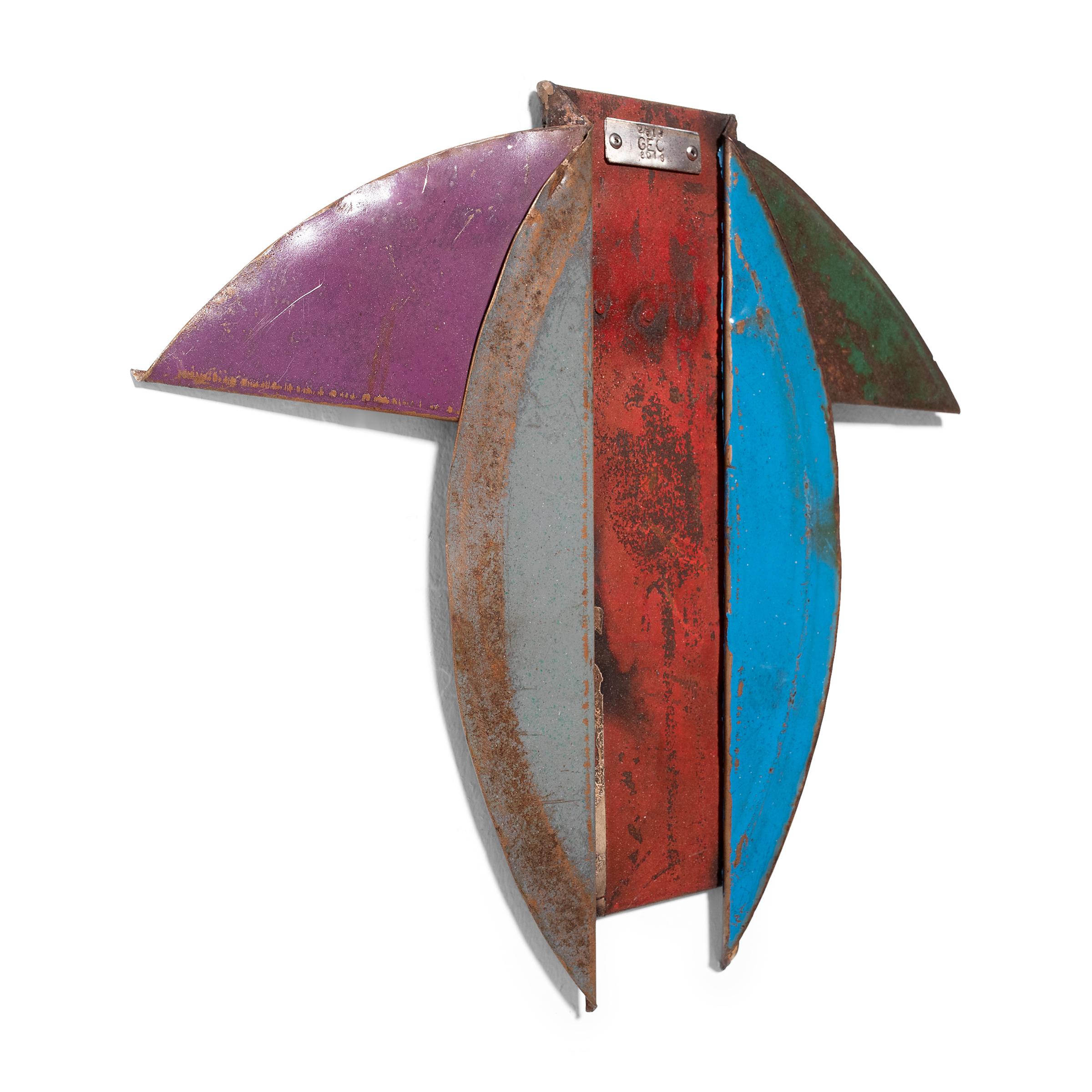 Upon discovering a weathered steel drum that had been warped to resemble the sleeve of a garment, artist Gordon Chandler was inspired to embark on a series of kimono sculptures formed from found metal scraps. With an eye to the aesthetic