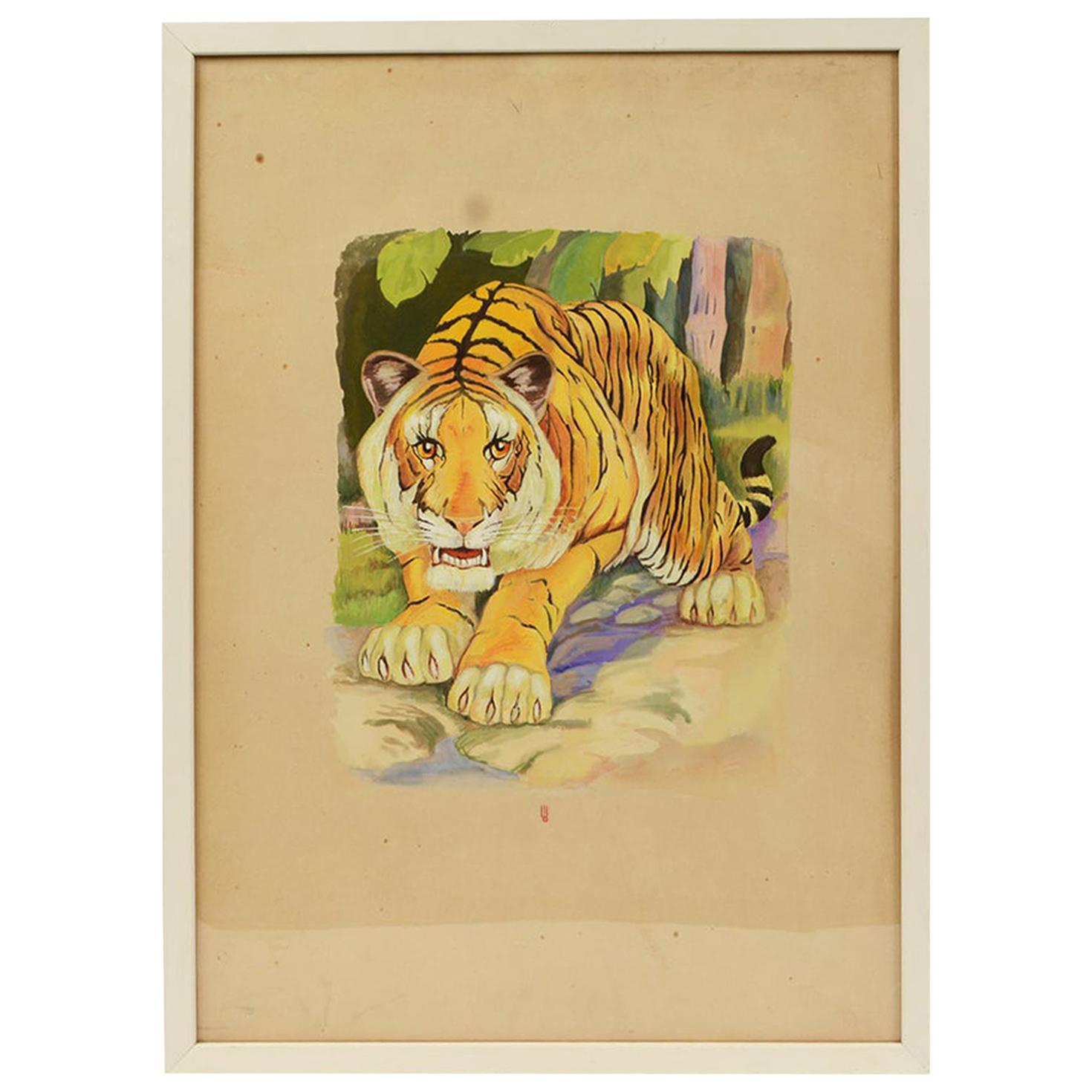 Sketch of a tiger Korea 1970s Acrylic on Paper for an Animals Encyclopedia For Sale