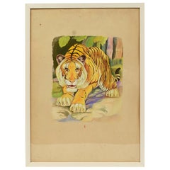 Vintage Sketch of a tiger Korea 1970s Acrylic on Paper for an Animals Encyclopedia