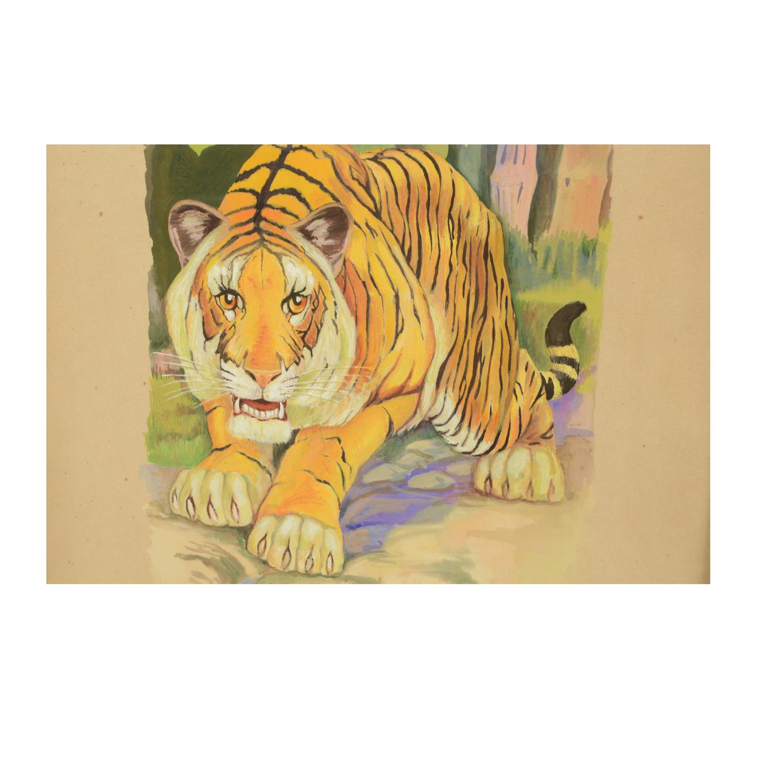 Sketch of a tiger Korea 1970s Acrylic on Paper for an Animals Encyclopedia In Good Condition For Sale In Milan, IT