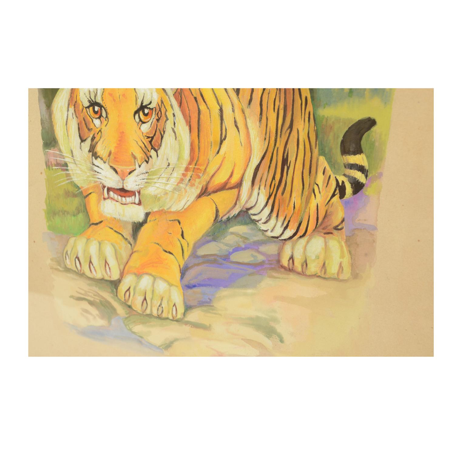 Late 20th Century Sketch of a tiger Korea 1970s Acrylic on Paper for an Animals Encyclopedia For Sale