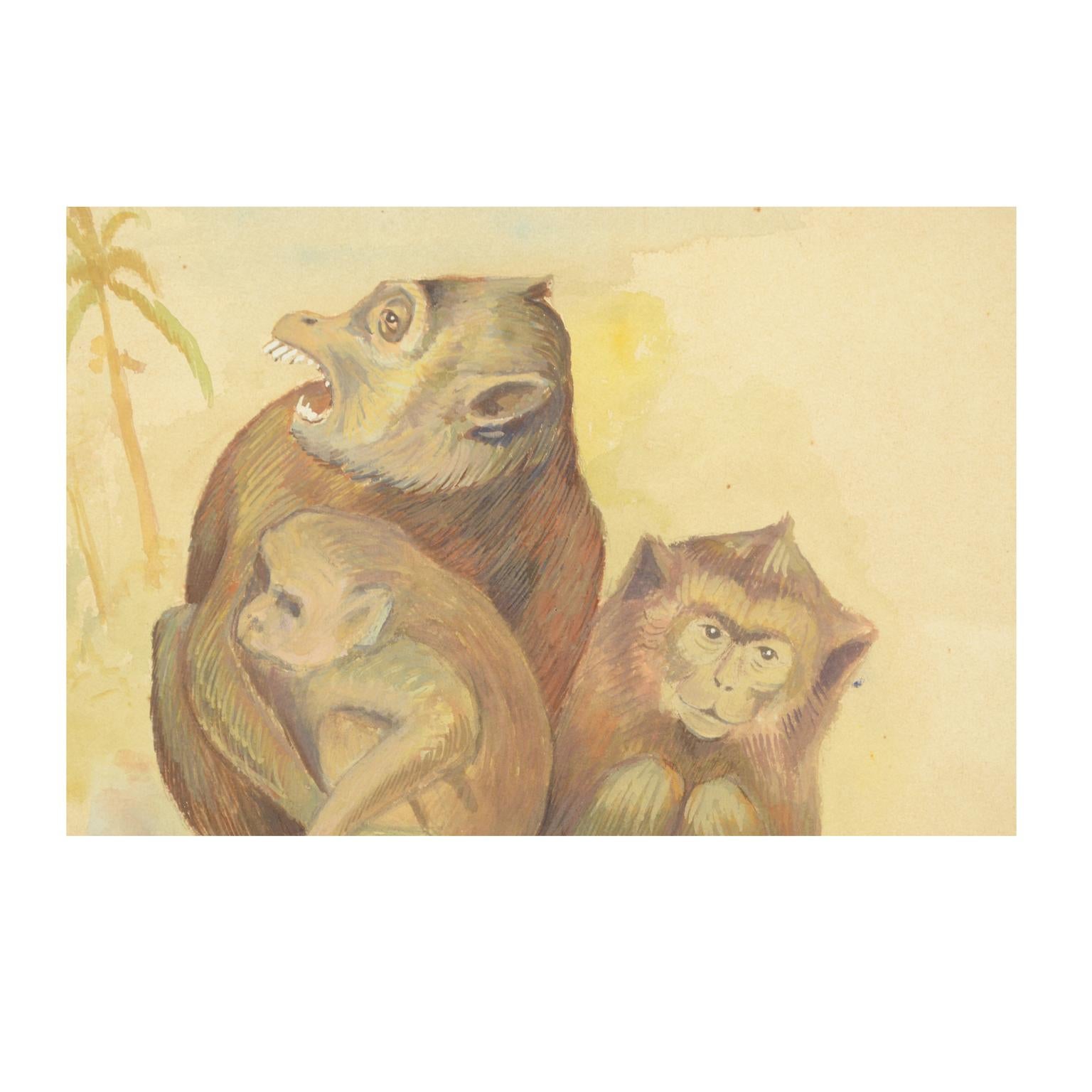 Sketch of Four Macaques Korea 1970s Acrylic on Paper for an Animals Encyclopedia For Sale 1