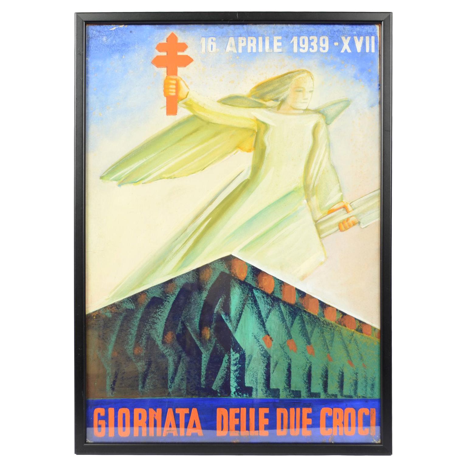 Italy 1939s Sketch  Futurist Poster "Day of Two Crosses" Against Tuberculosis  For Sale