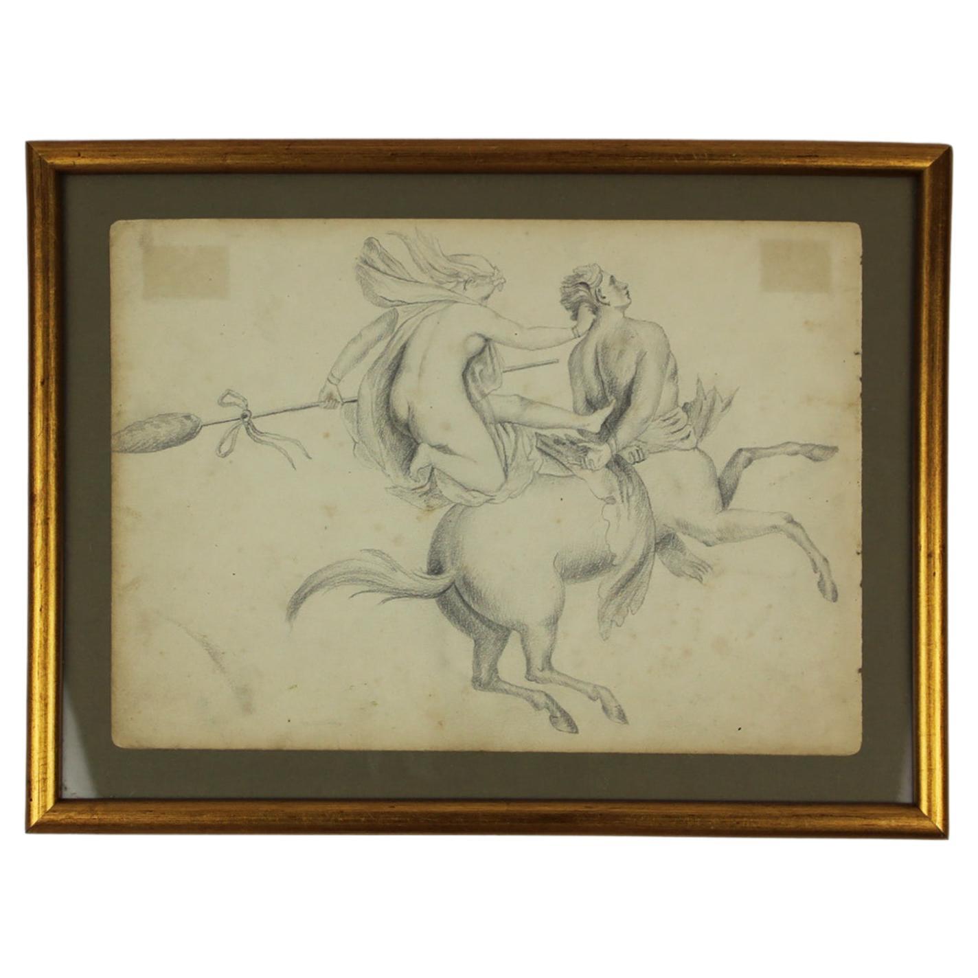 Sketchbook Page Academic Drawing Centaur being Abducted France 1910 For Sale