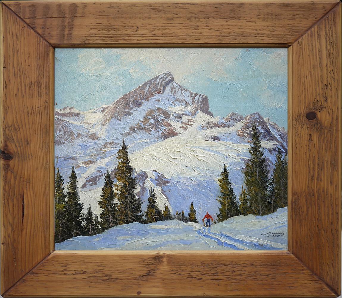 Mountain painting, winter landscape with skier- Egon J. Rosbroy, 1930s

Size: 23 cm x 27 cm (measurements refer only to the canvas - the painting is sold with the frame) - oil on canvas.

Mountain winter landscape.
The summit of the Alpspitze