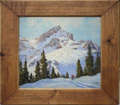Ski Mountain Painting, Alps, Oil on Cardboard, Egon J. Rosbroy, 1930s
