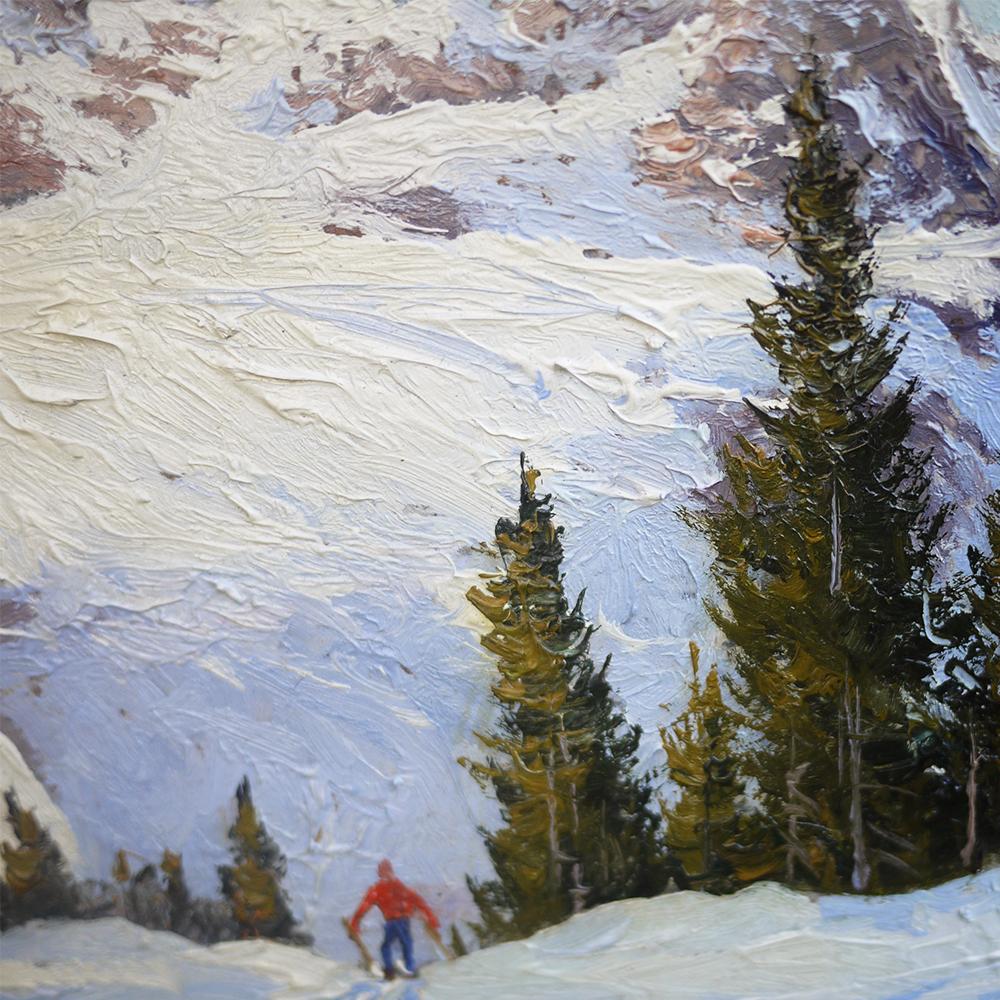 German Ski Mountain Painting, Alps, Oil on Cardboard, Egon J. Rosbroy, 1930s