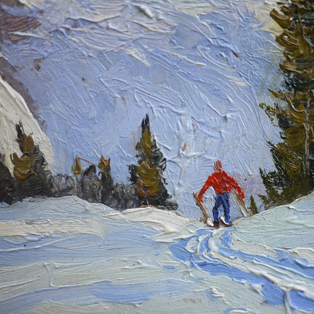 Ski Mountain Painting, Alps, Oil on Cardboard, Egon J. Rosbroy, 1930s In Good Condition In Albignasego, IT