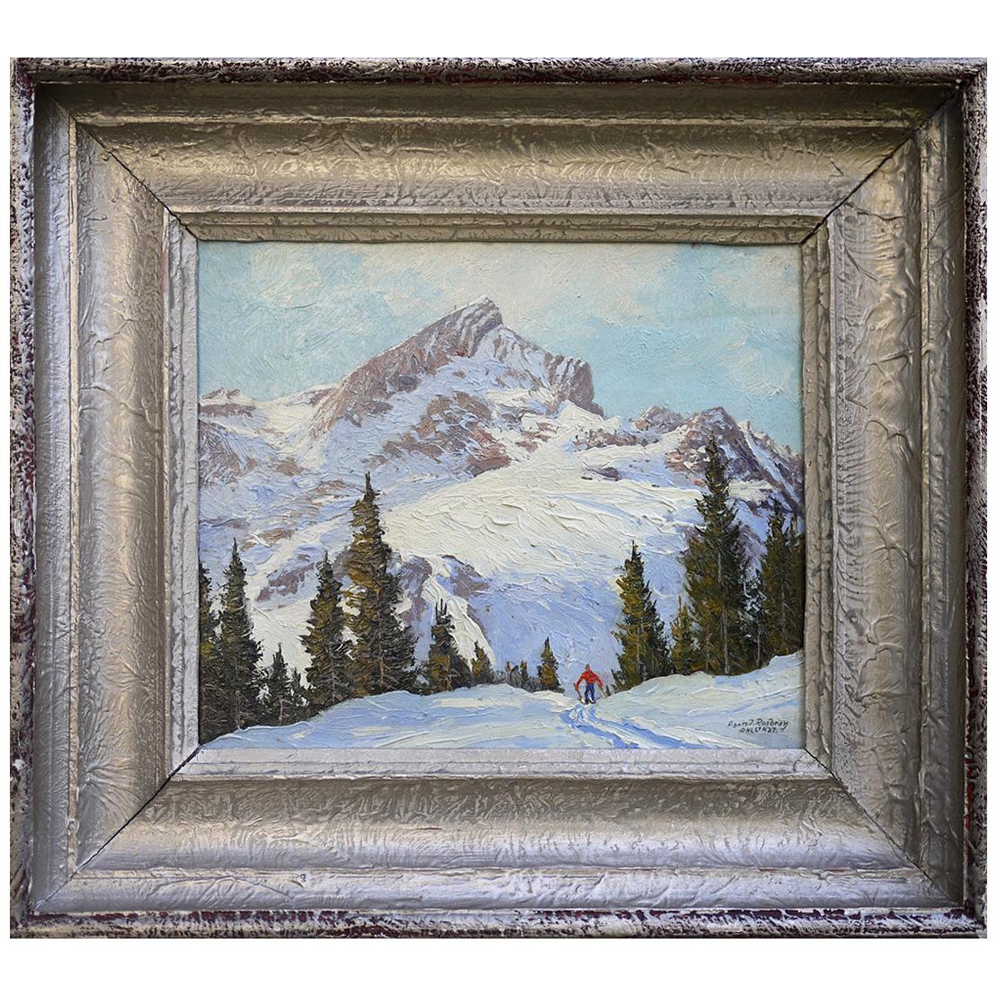 Ski Mountain Painting, Alps, Oil on Cardboard, Egon J. Rosbroy, 1930s