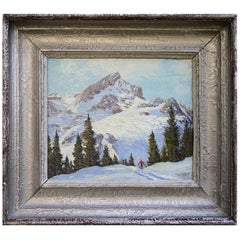 Ski Mountain Painting, Alps, Oil on Cardboard, Egon J. Rosbroy, 1930s