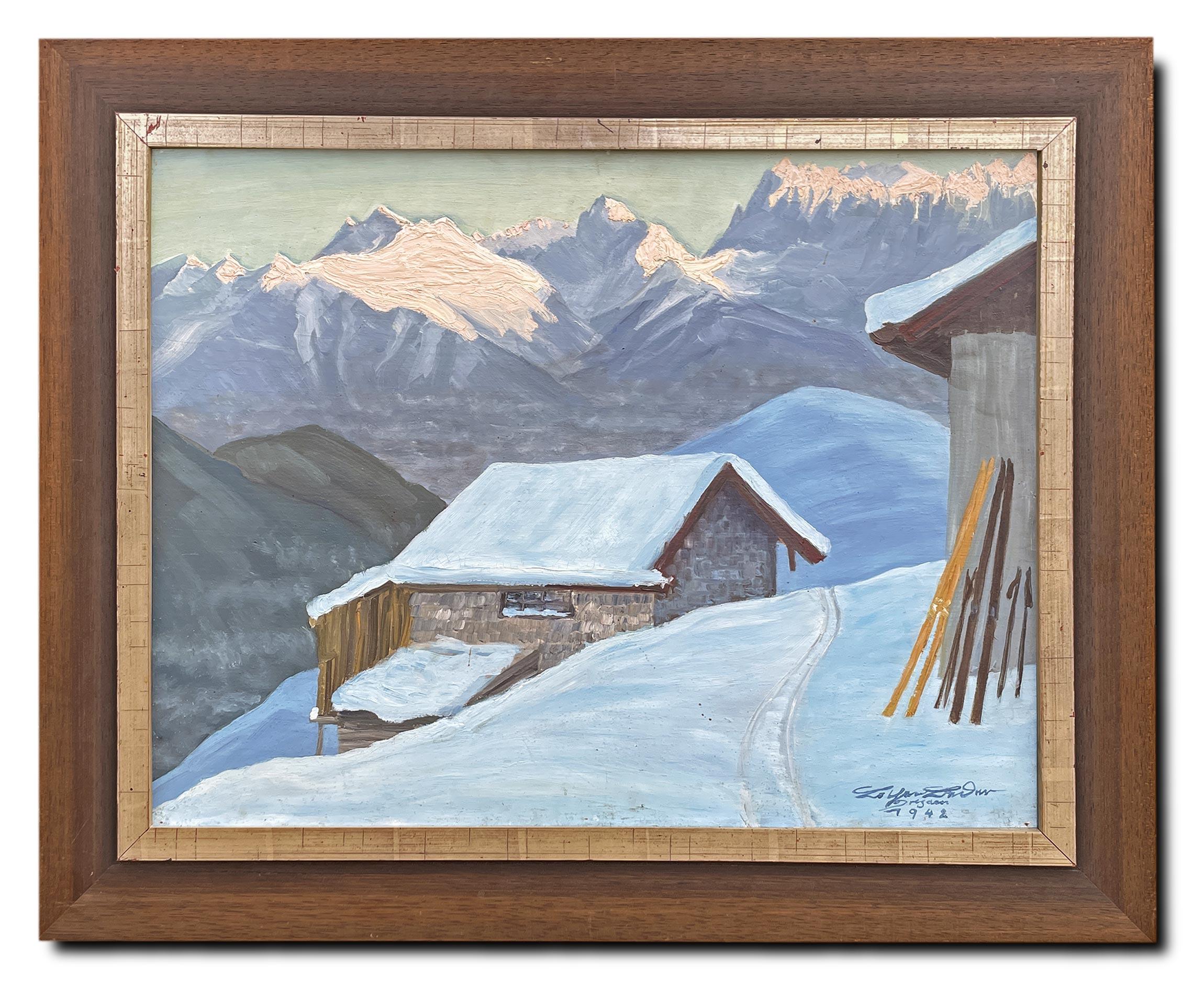 Lothar Bader – “Last Light”
CODE: QM182
50 cm x 65 cm – without frame
66 cm x 81 cm – with frame
Oil on panel
1942

It’s afternoon now and the sun’s rays illuminate only the snow-capped peaks, while the atmosphere is tinged with light blue and blue,