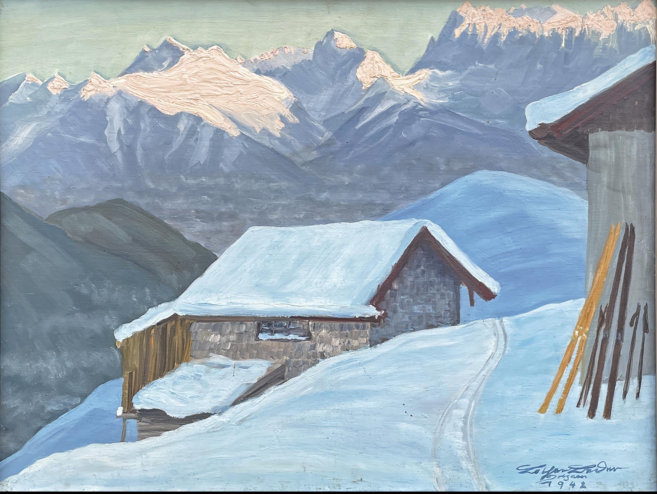 Art Deco Ski Painting “Last Light” oil on canvas by Lothar Bader –  1942