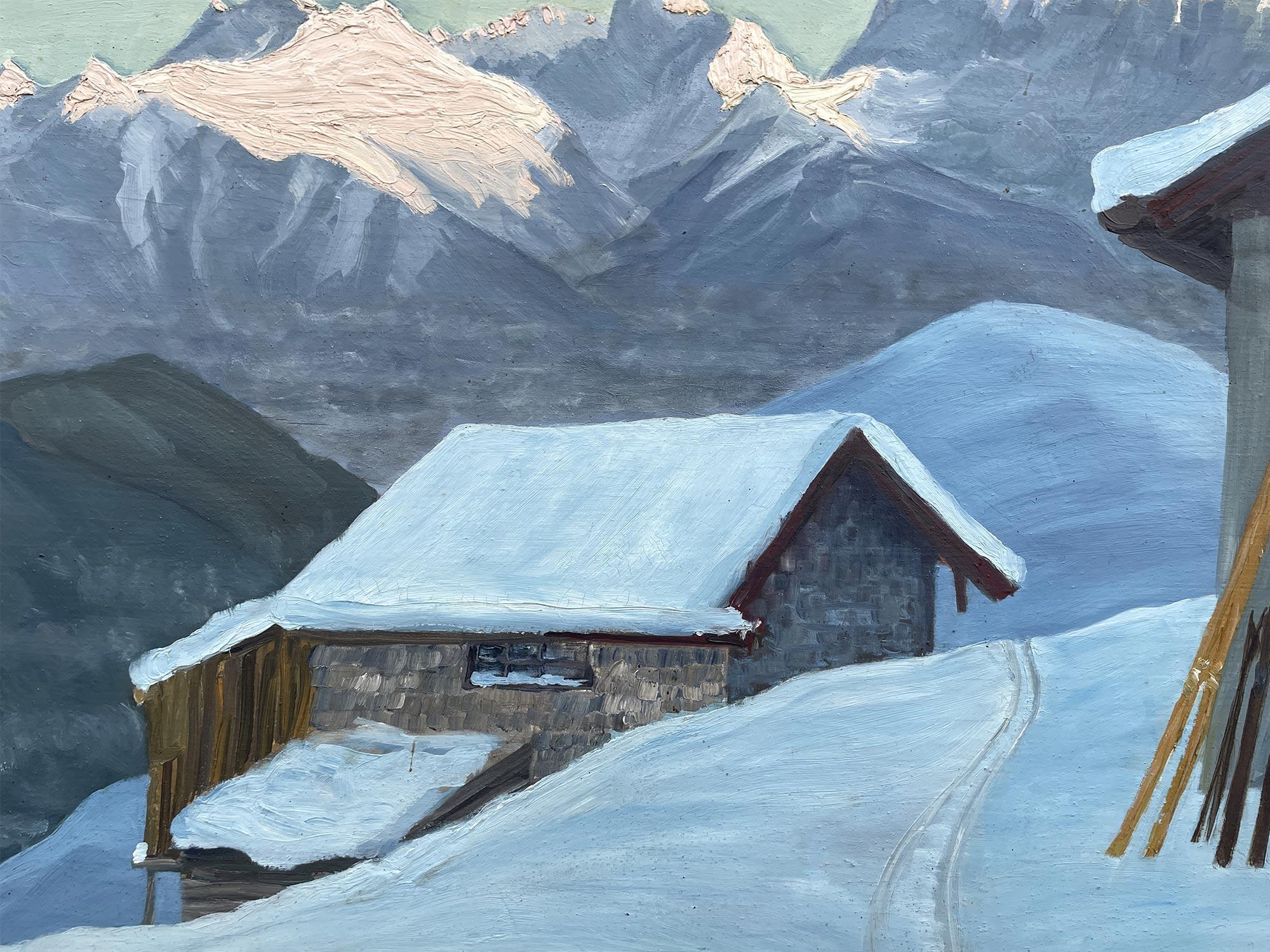 Ski Painting “Last Light” oil on canvas by Lothar Bader –  1942 In Good Condition In Albignasego, IT