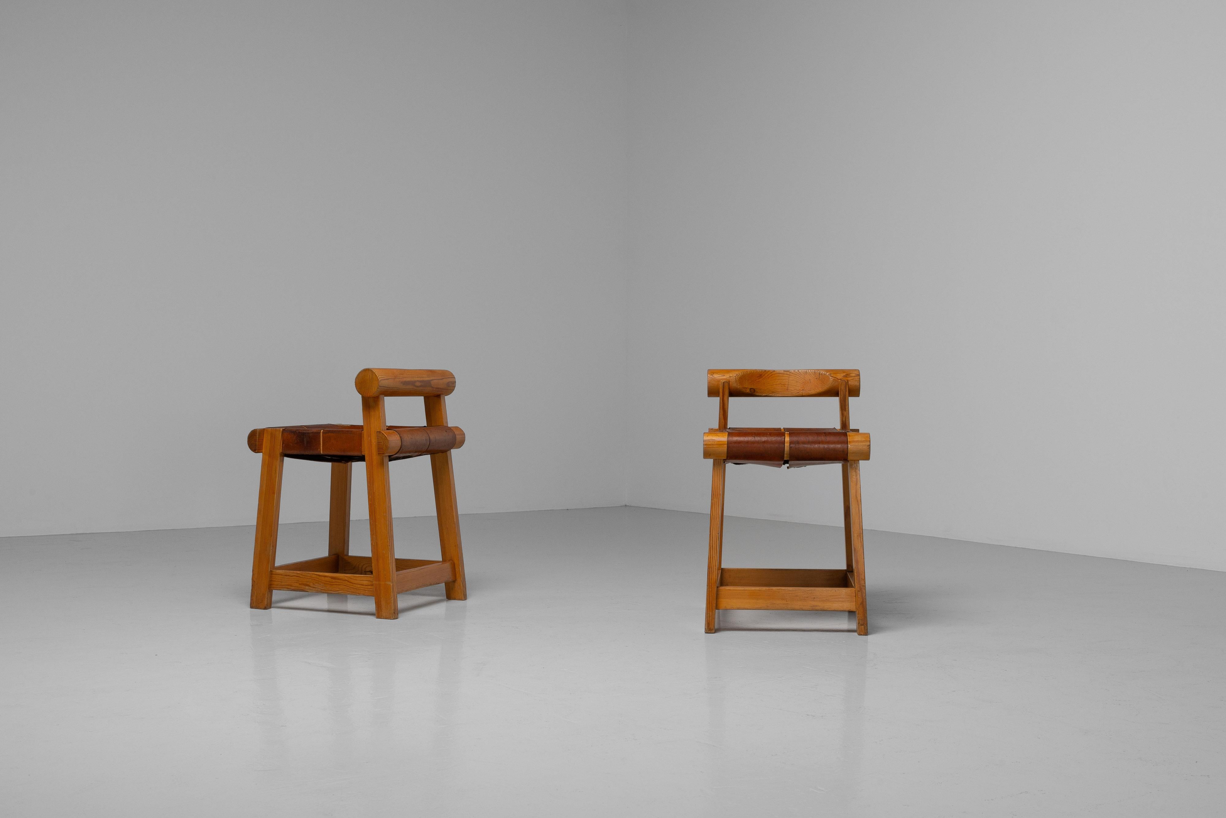 Ski resort stools made in pine and leather France 1960 8