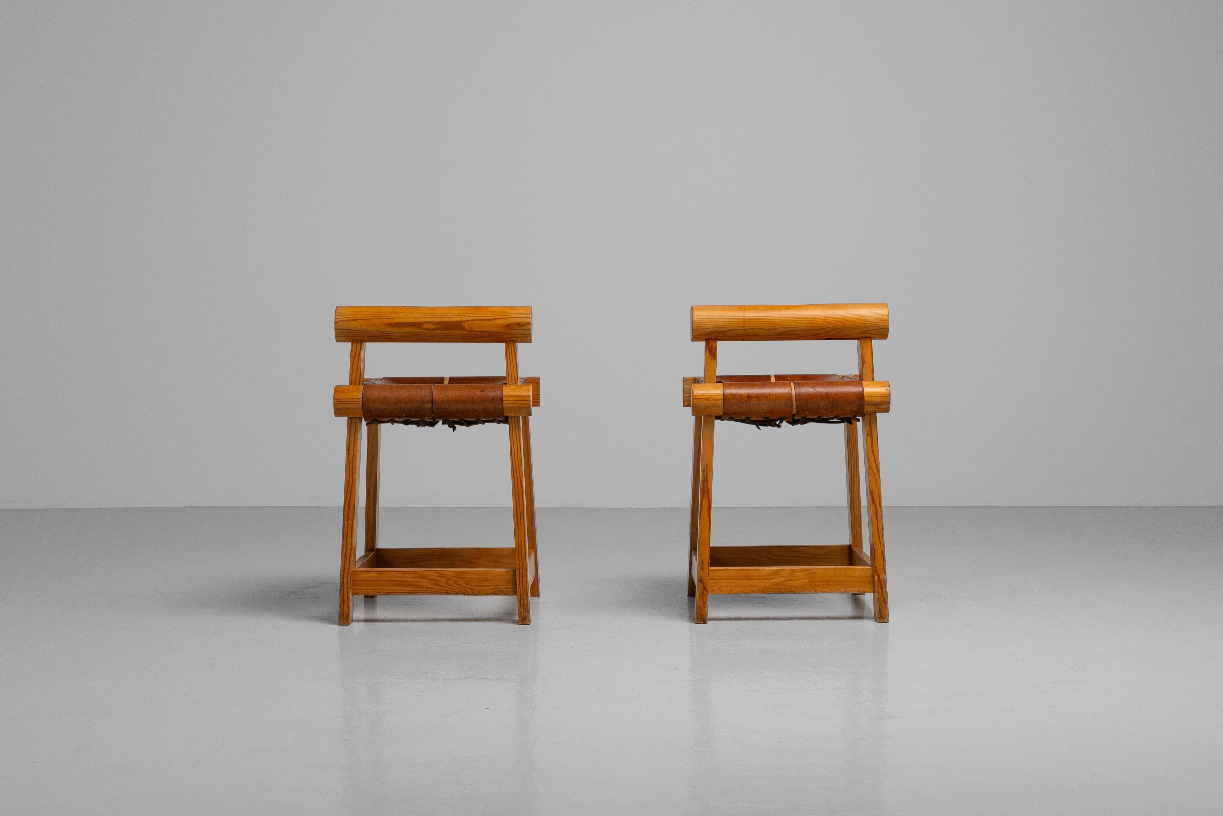 Ski resort stools made in pine and leather France 1960 10