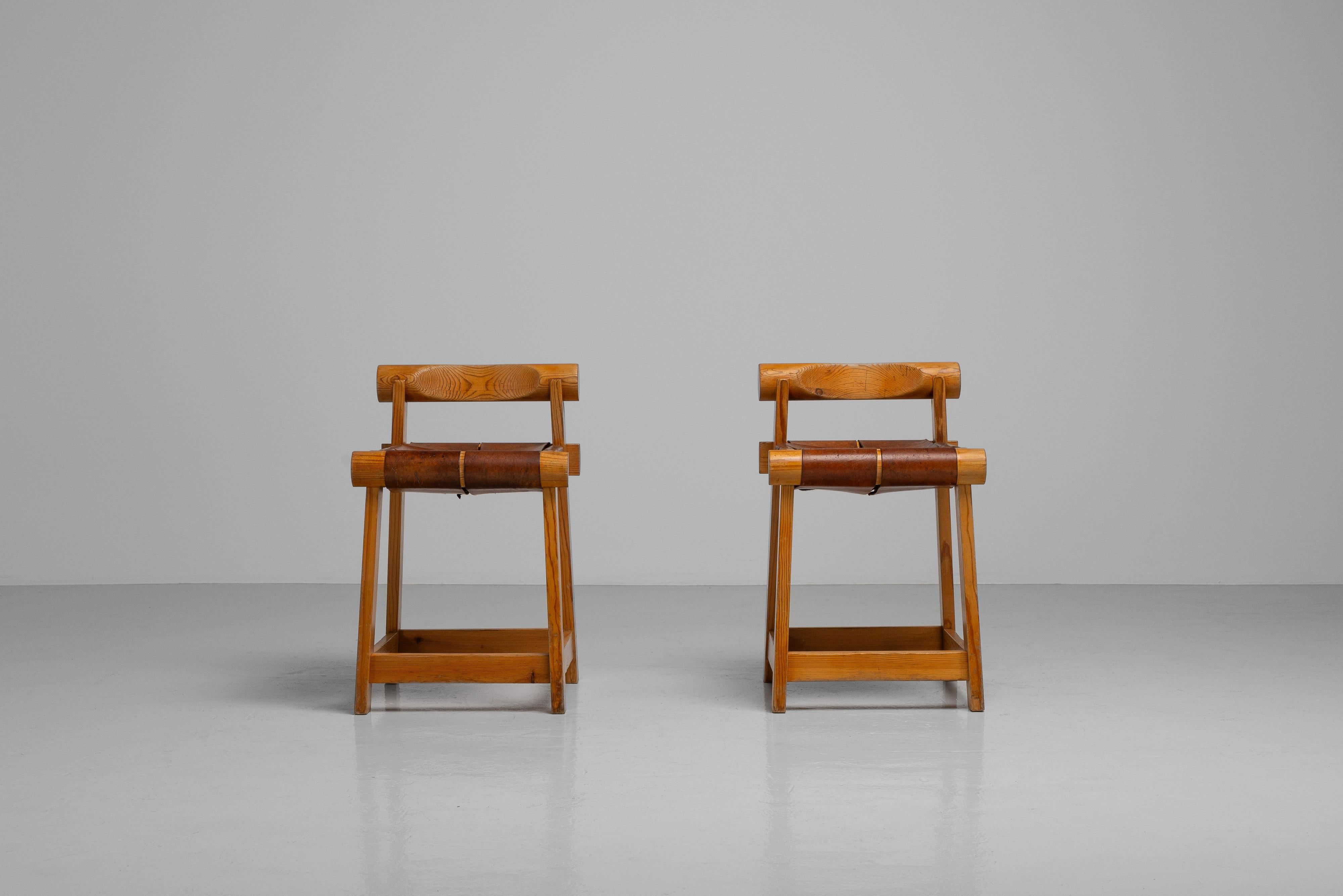 French Ski resort stools made in pine and leather France 1960