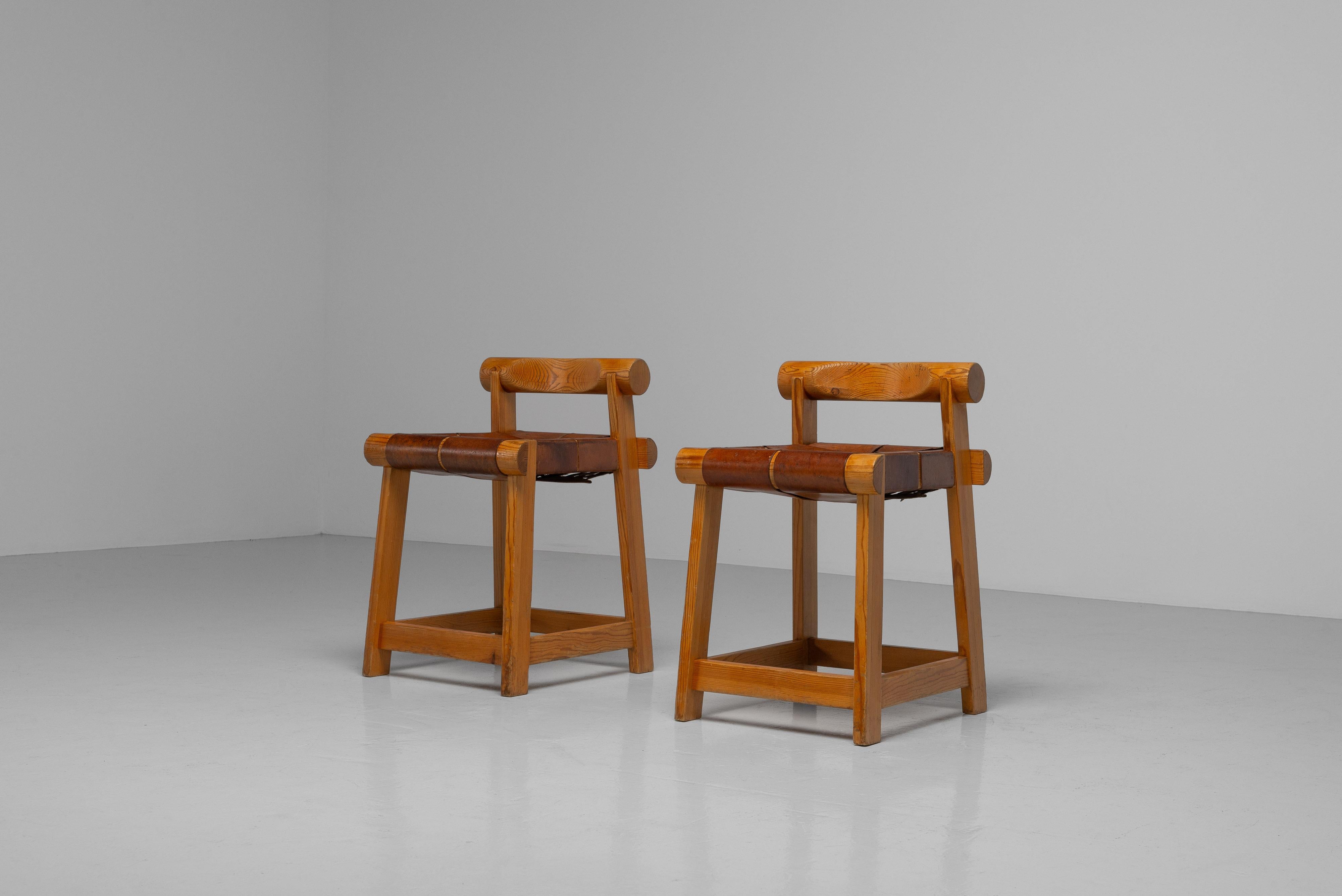 Mid-20th Century Ski resort stools made in pine and leather France 1960
