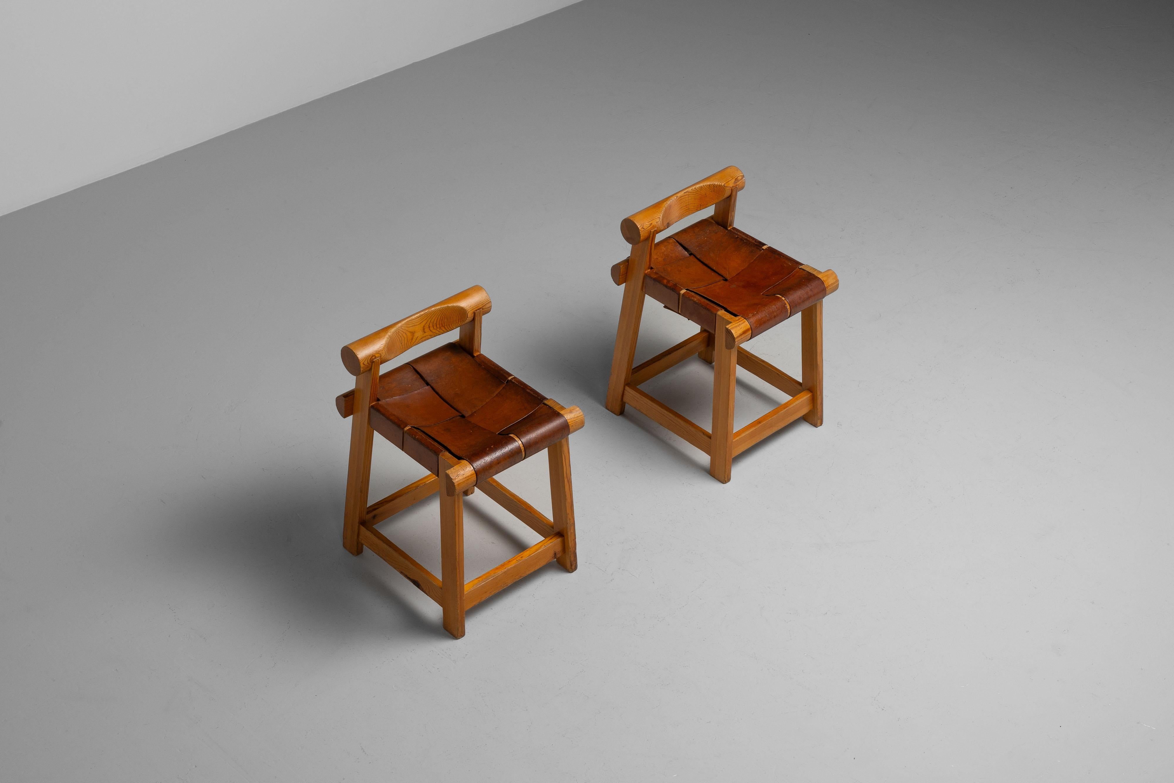 Ski resort stools made in pine and leather France 1960 2