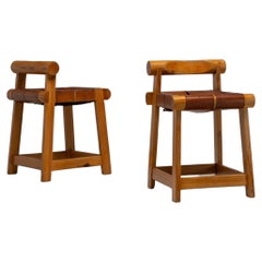 Ski resort stools made in pine and leather France 1960