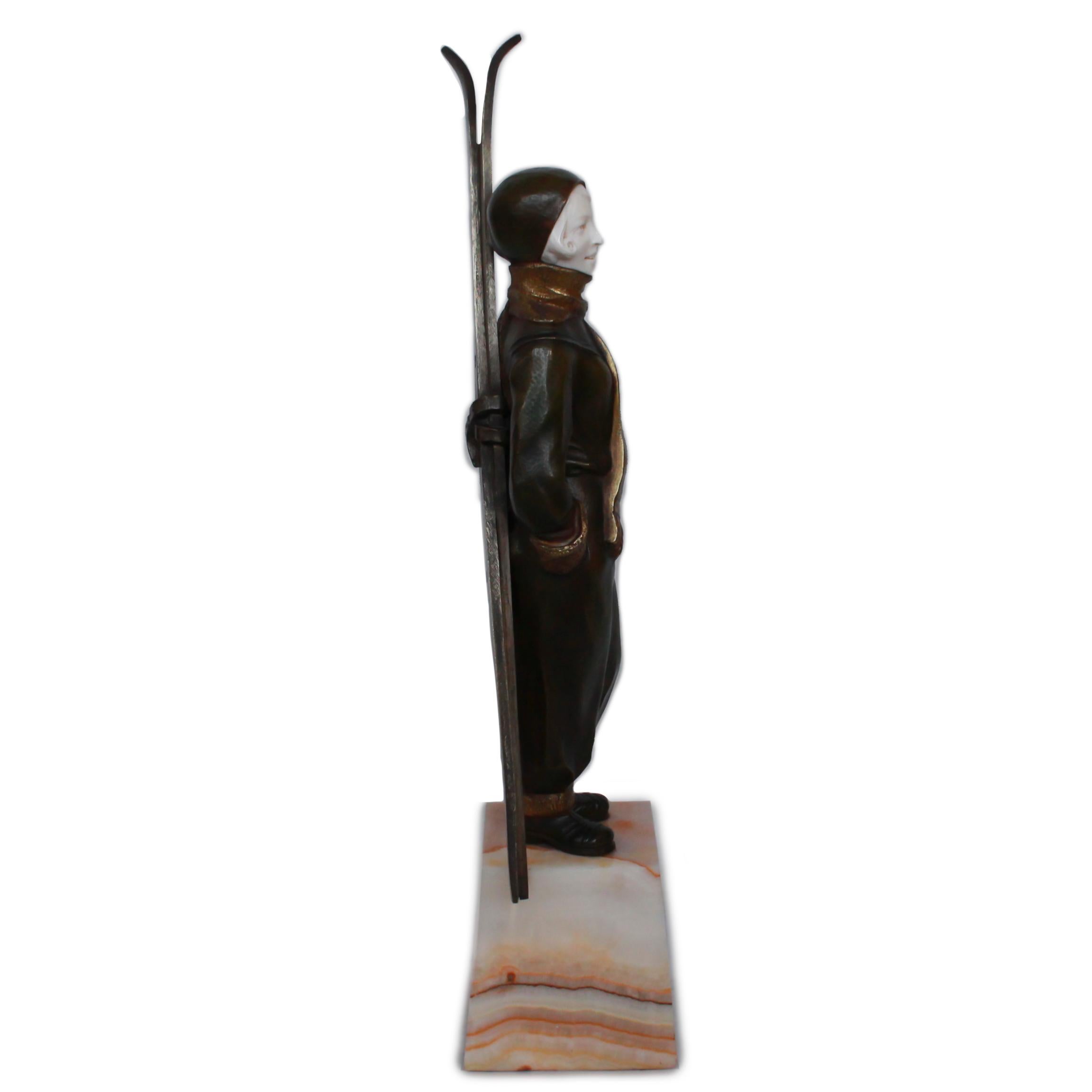 French Louis Sosson Art Deco Skier Bronze Sculpture Signed L.Sosson to Base 1920's