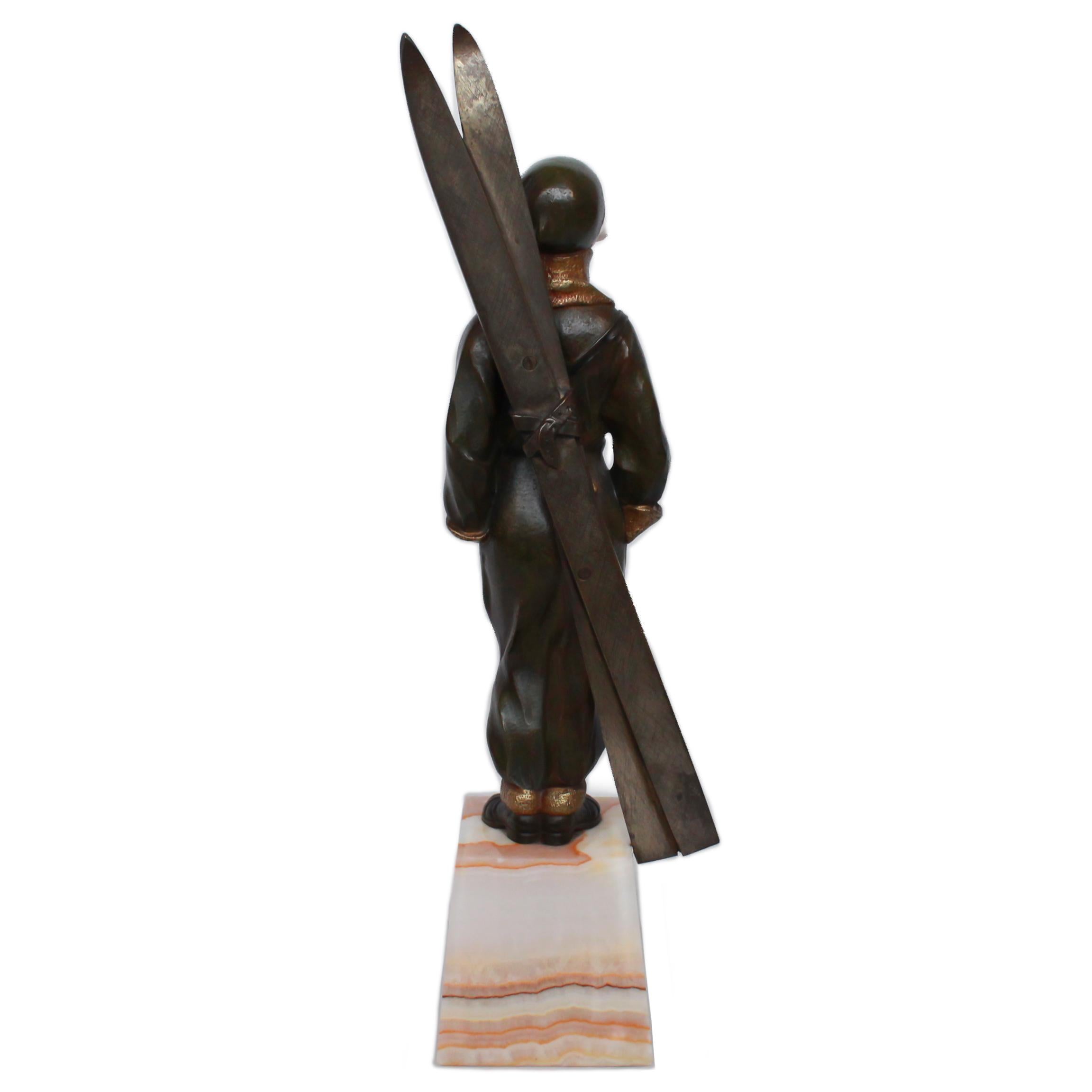 Gilt Louis Sosson Art Deco Skier Bronze Sculpture Signed L.Sosson to Base 1920's