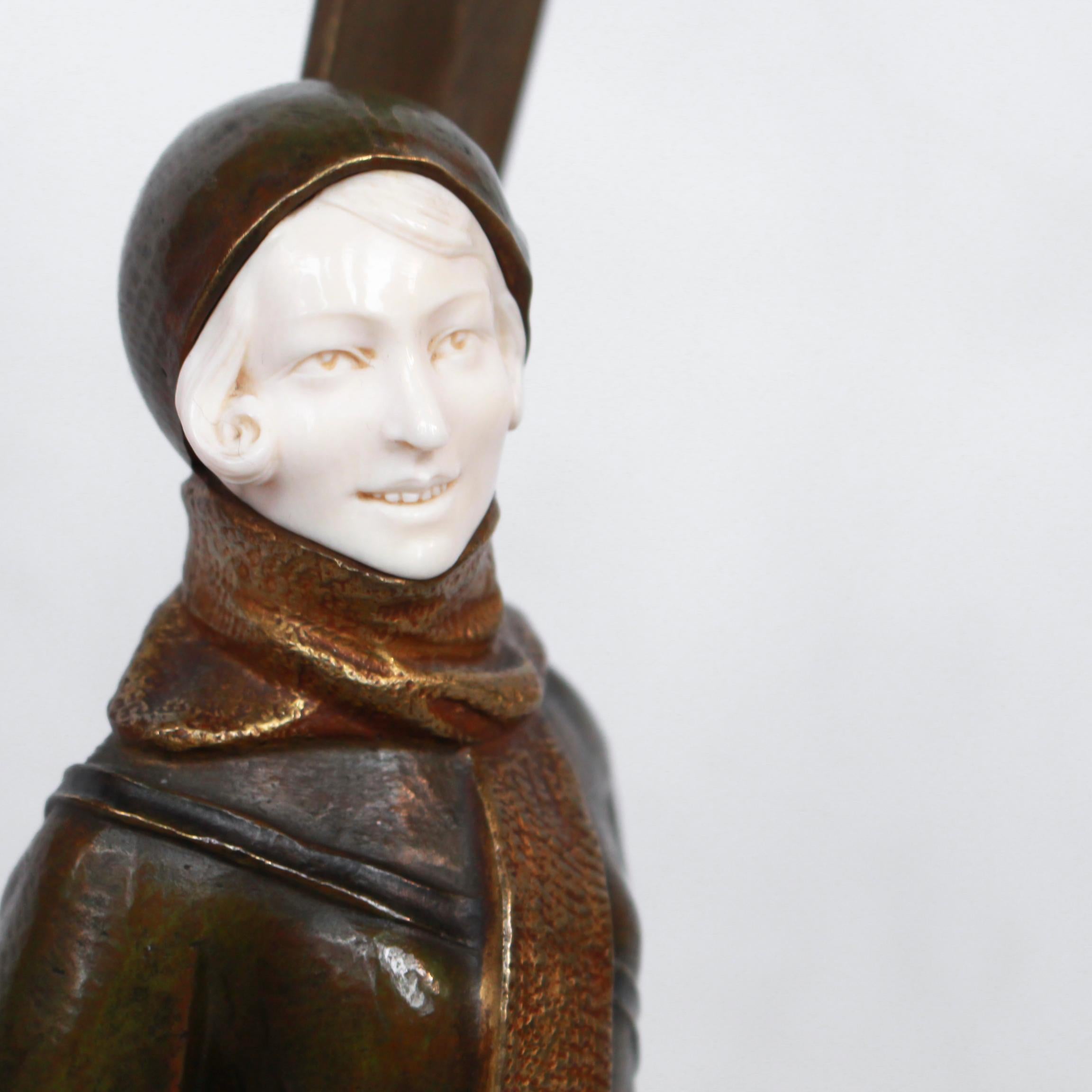 Louis Sosson Art Deco Skier Bronze Sculpture Signed L.Sosson to Base 1920's 1