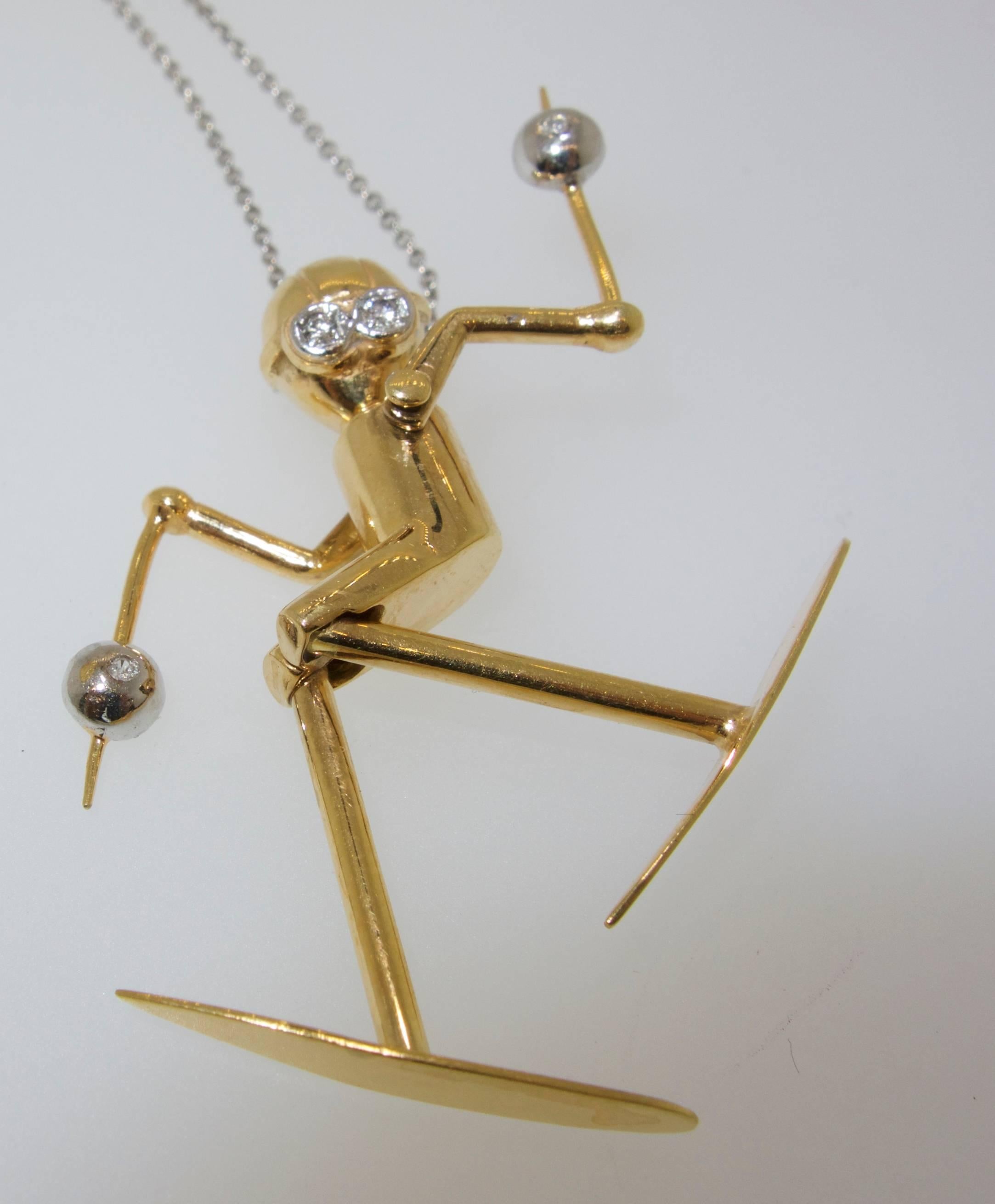 Contemporary Skier Pendant in 18 Karat Gold with Diamonds