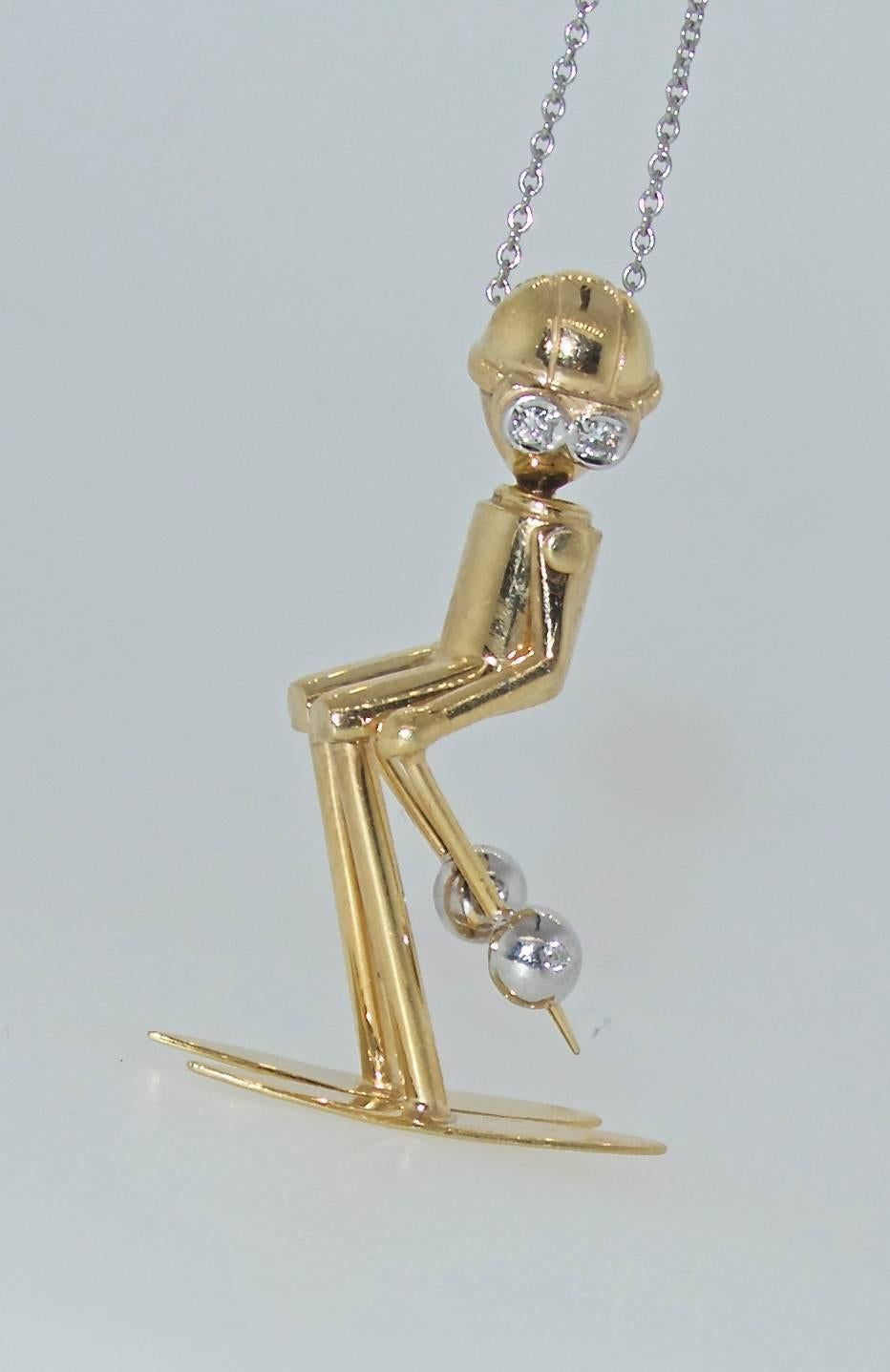 Skier Pendant in 18 Karat Gold with Diamonds In Excellent Condition In Aspen, CO