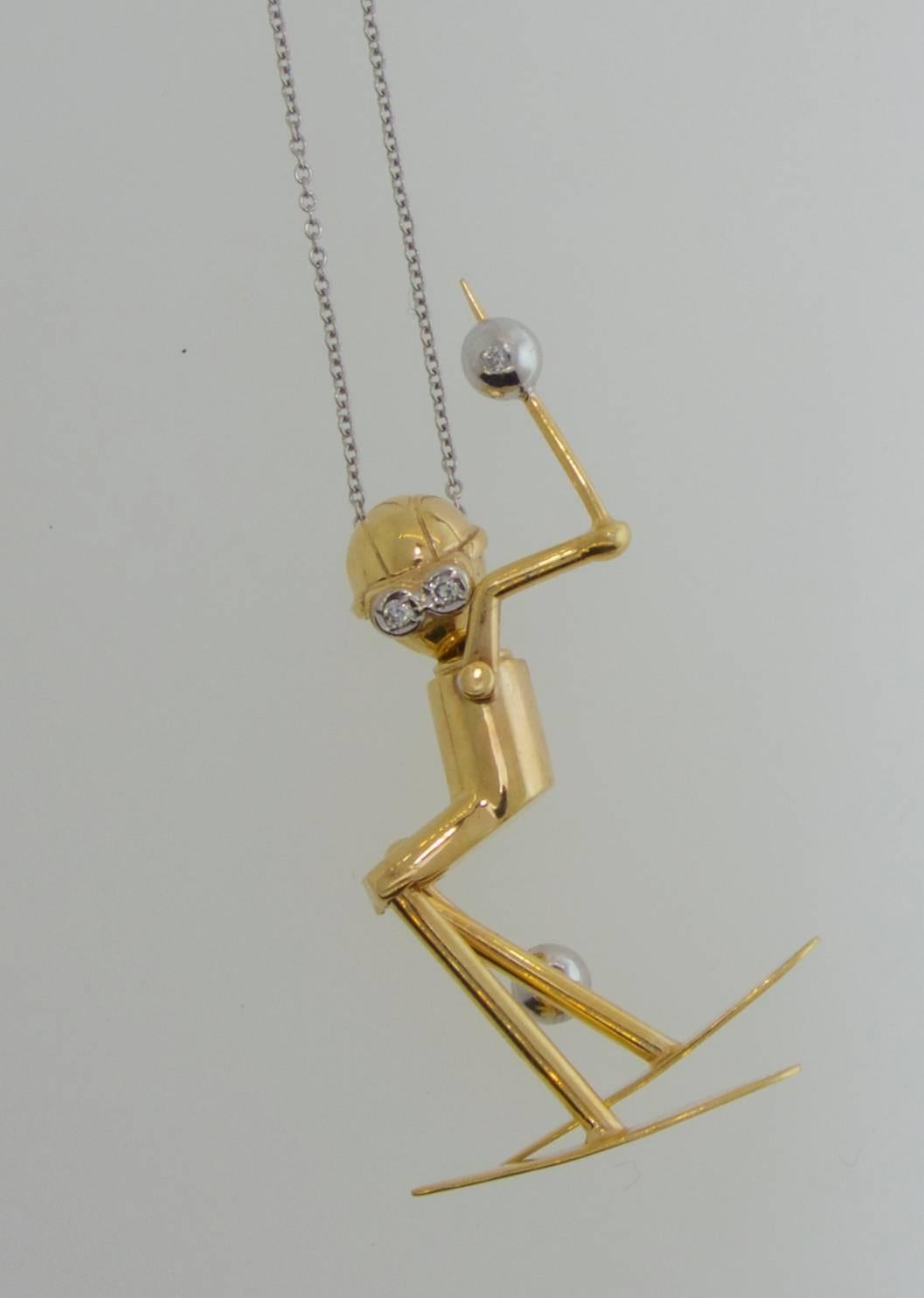 Skier Pendant in Gold with Diamond Accents In Excellent Condition In Aspen, CO