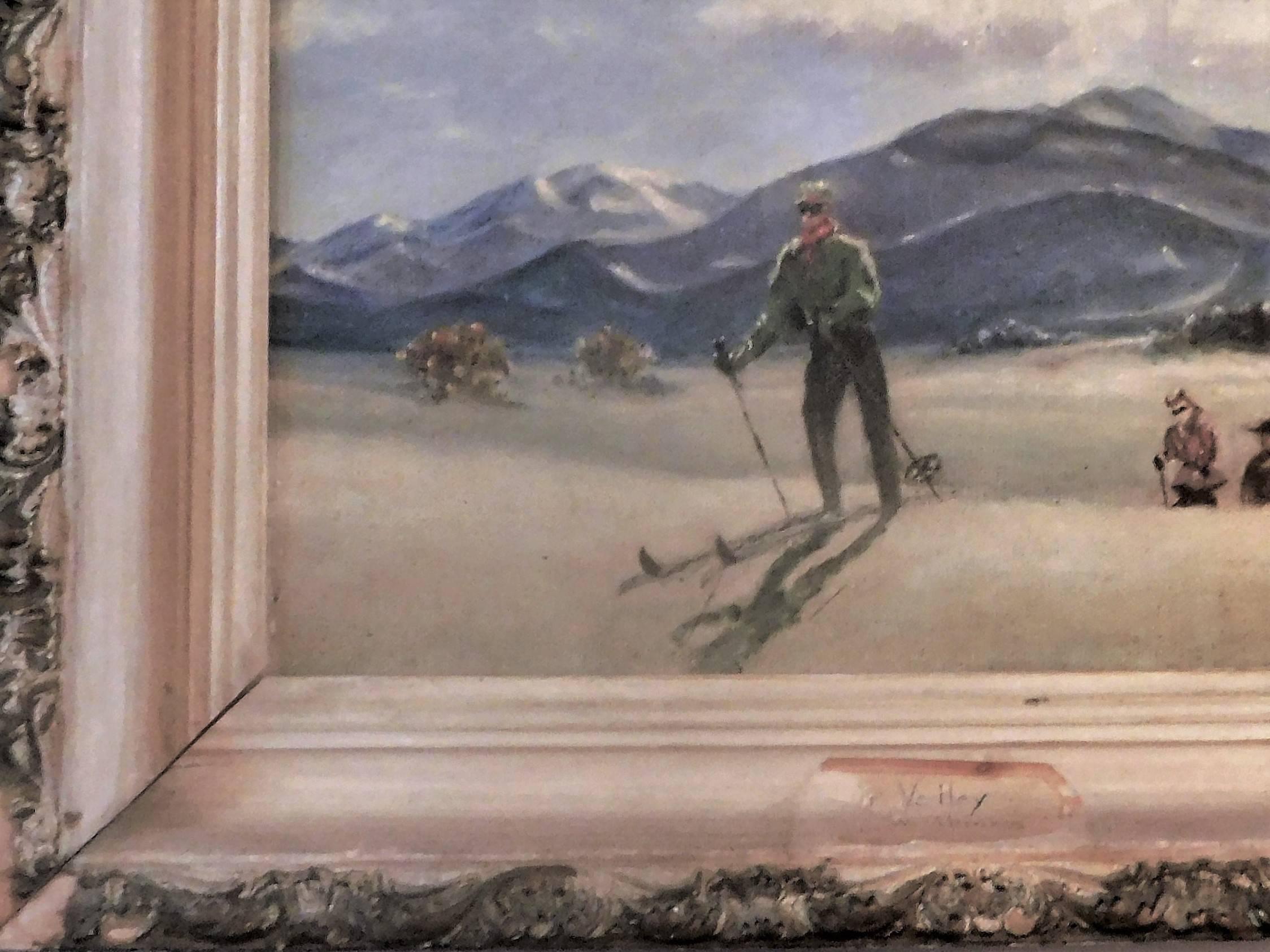 Skiing in Sun Valley, Oil Painting on Canvas Signed Abrams, circa 1938 For Sale 2