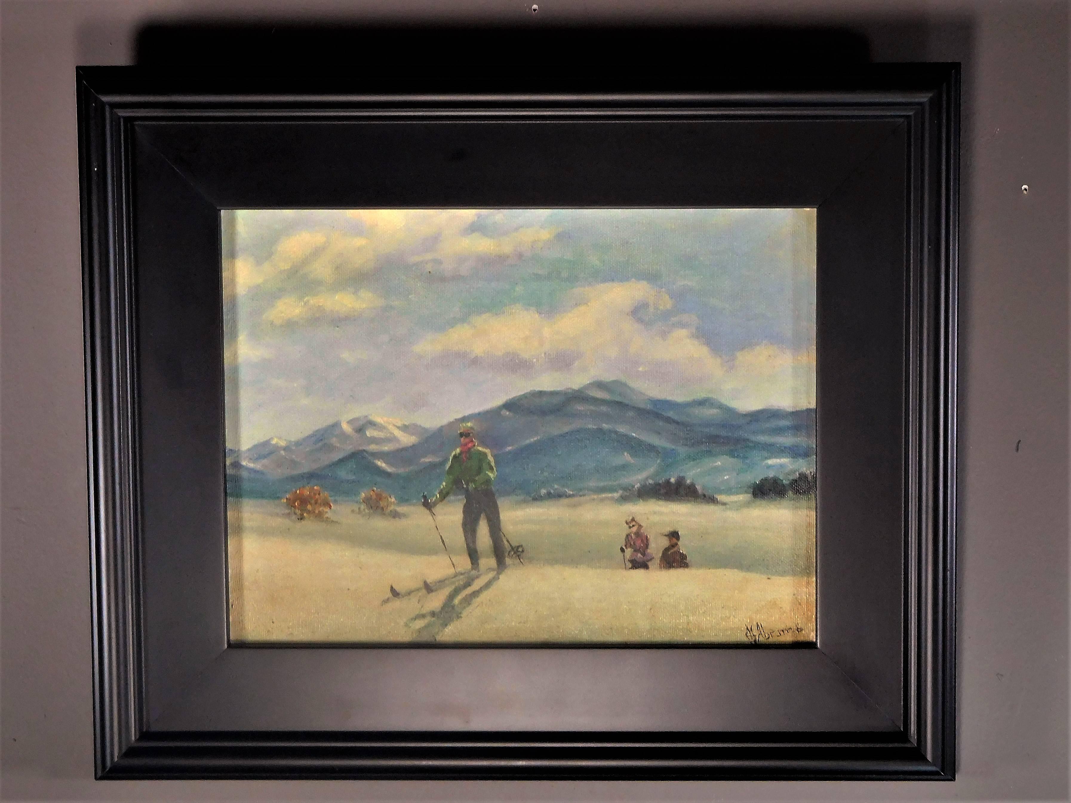 This cross-country skiing scene evokes the early days of the first American destination ski resort, Sun Valley, Idaho. It is done in oil paint on canvas and is signed in the lower right by M. Abrams. Although the artist did not date the painting,