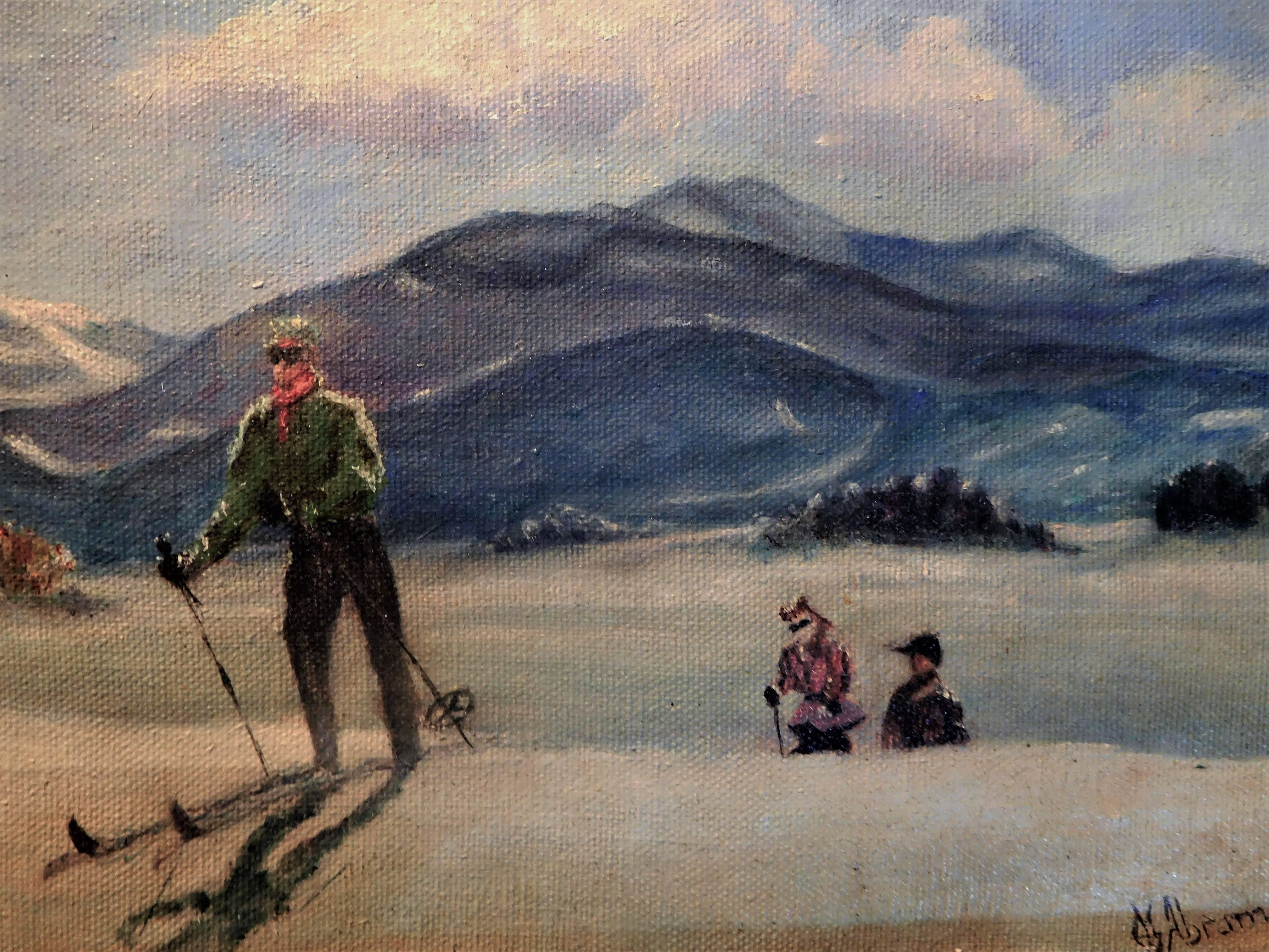 Sporting Art Skiing in Sun Valley, Oil Painting on Canvas Signed Abrams, circa 1938 For Sale