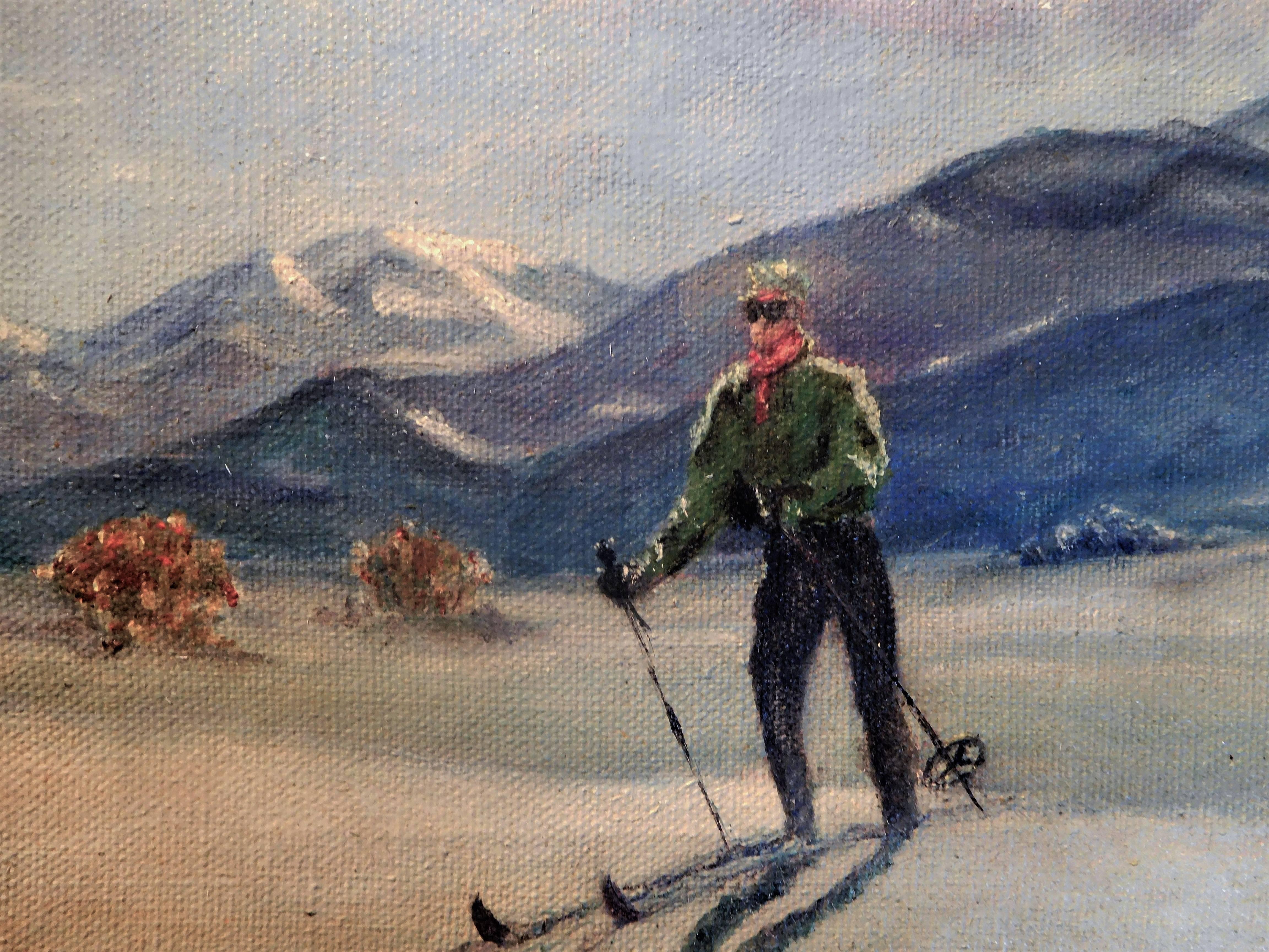 American Skiing in Sun Valley, Oil Painting on Canvas Signed Abrams, circa 1938 For Sale
