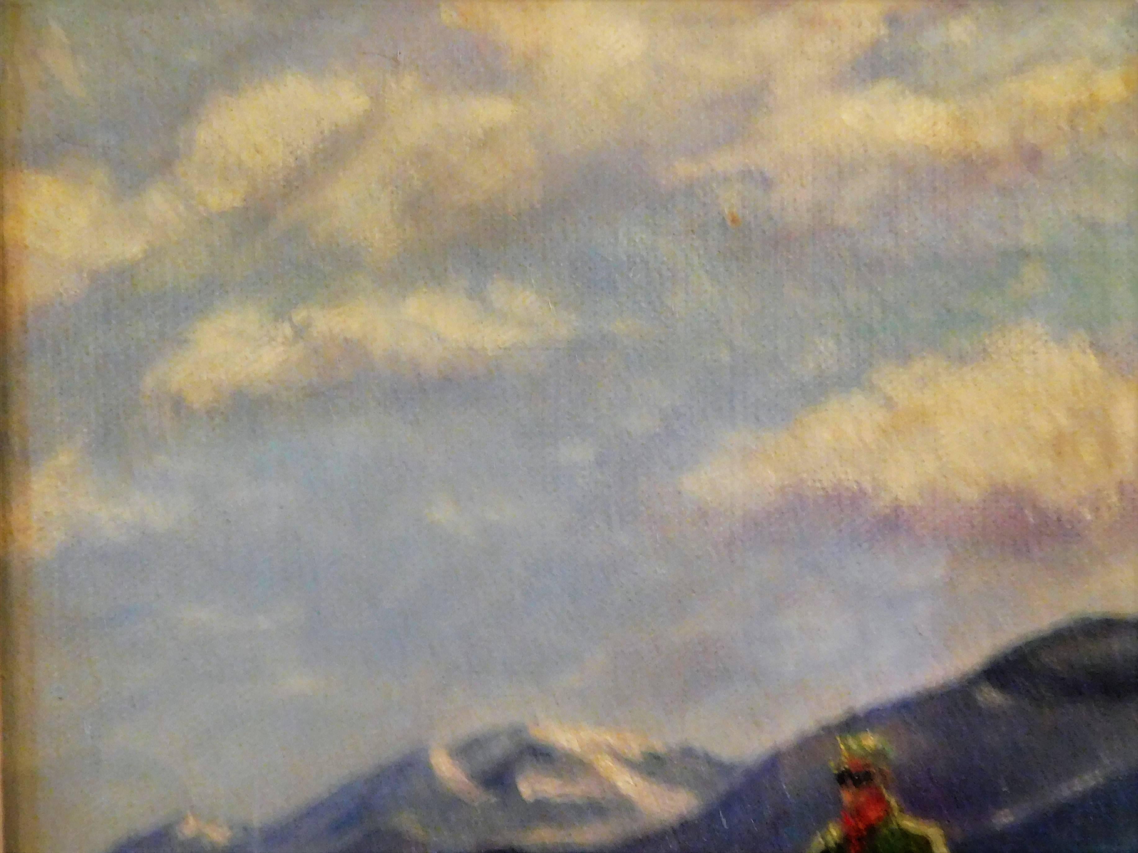 Brushed Skiing in Sun Valley, Oil Painting on Canvas Signed Abrams, circa 1938 For Sale