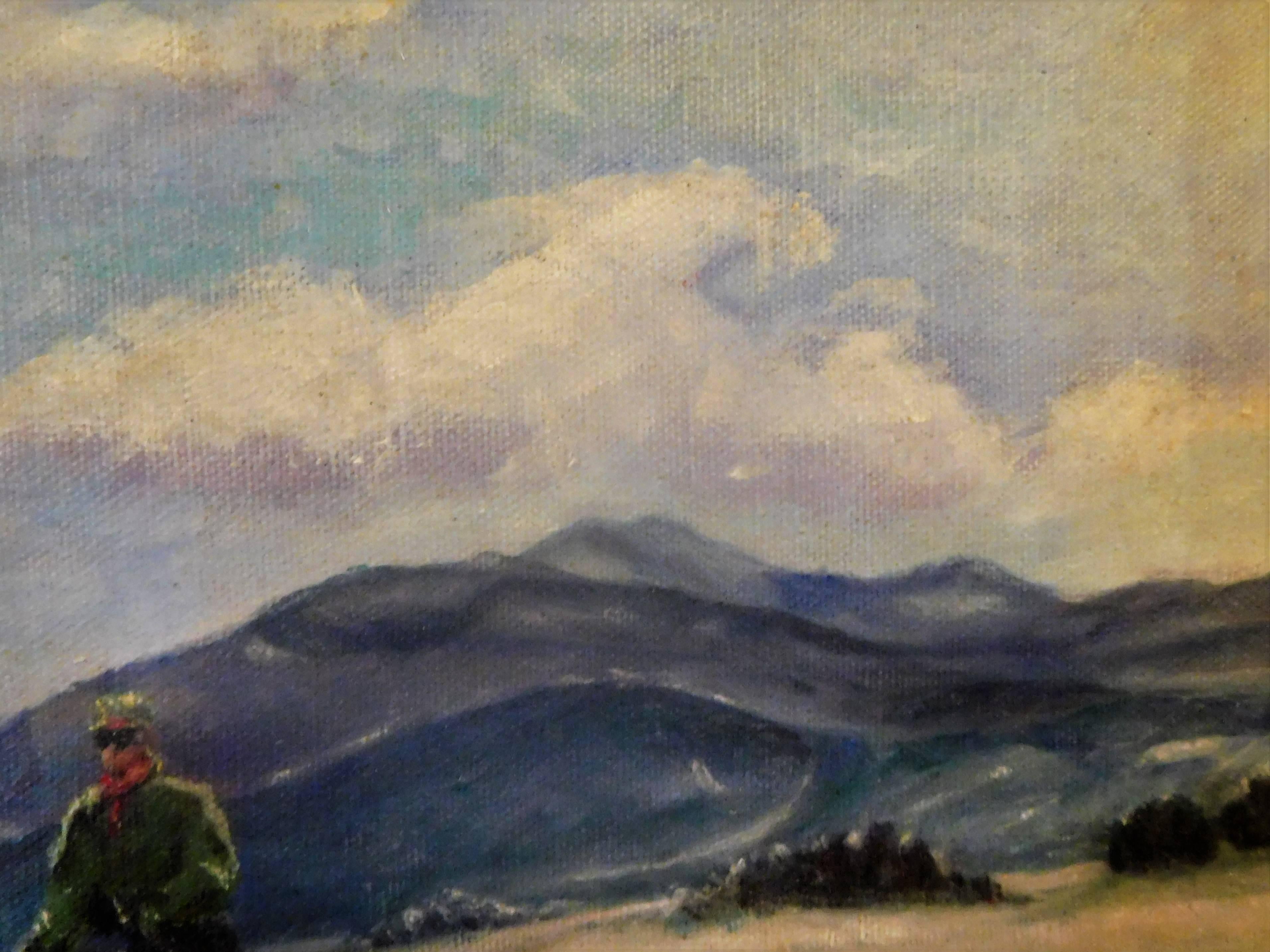 Skiing in Sun Valley, Oil Painting on Canvas Signed Abrams, circa 1938 In Good Condition For Sale In Quechee, VT