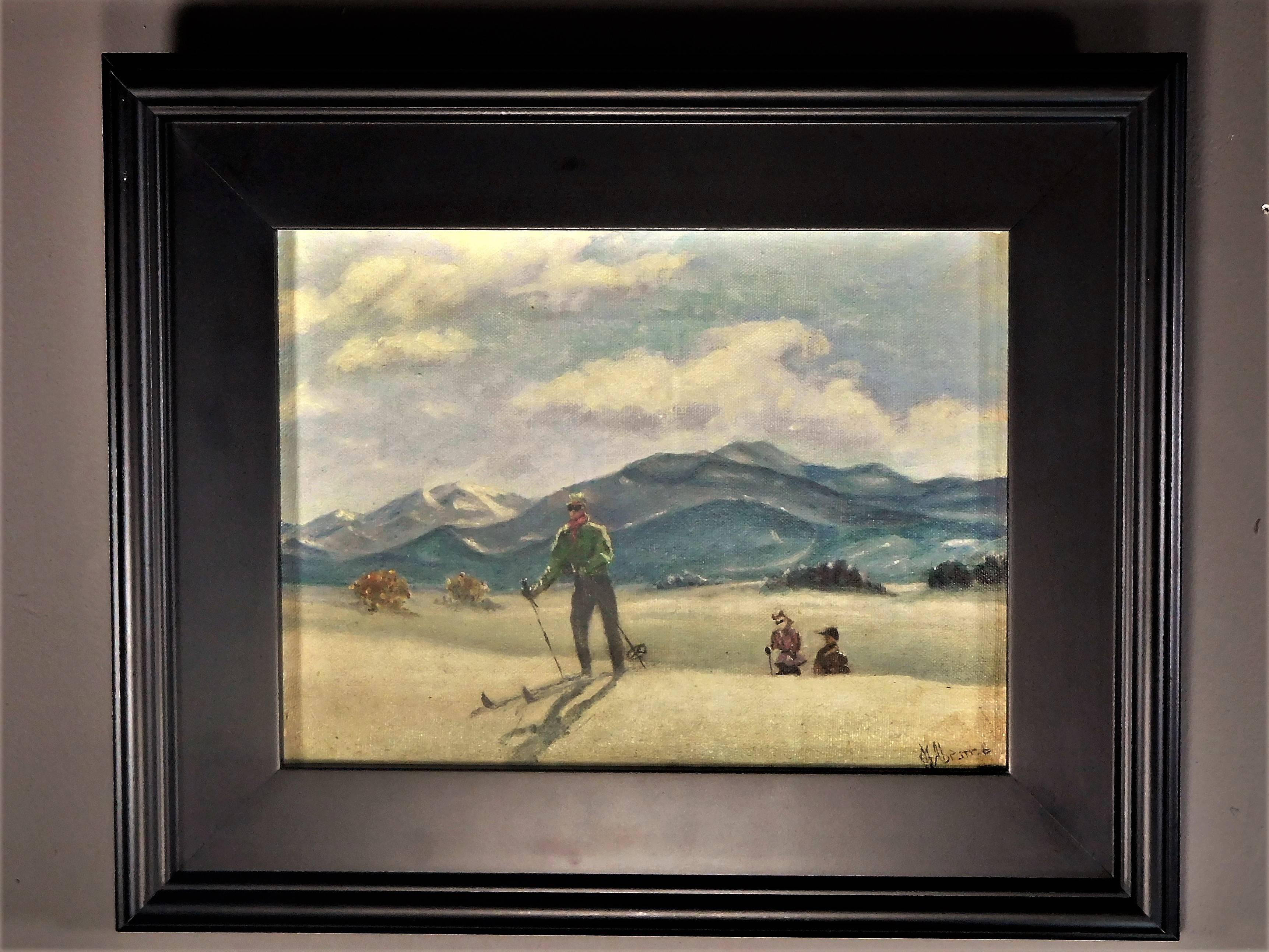 Mid-20th Century Skiing in Sun Valley, Oil Painting on Canvas Signed Abrams, circa 1938 For Sale