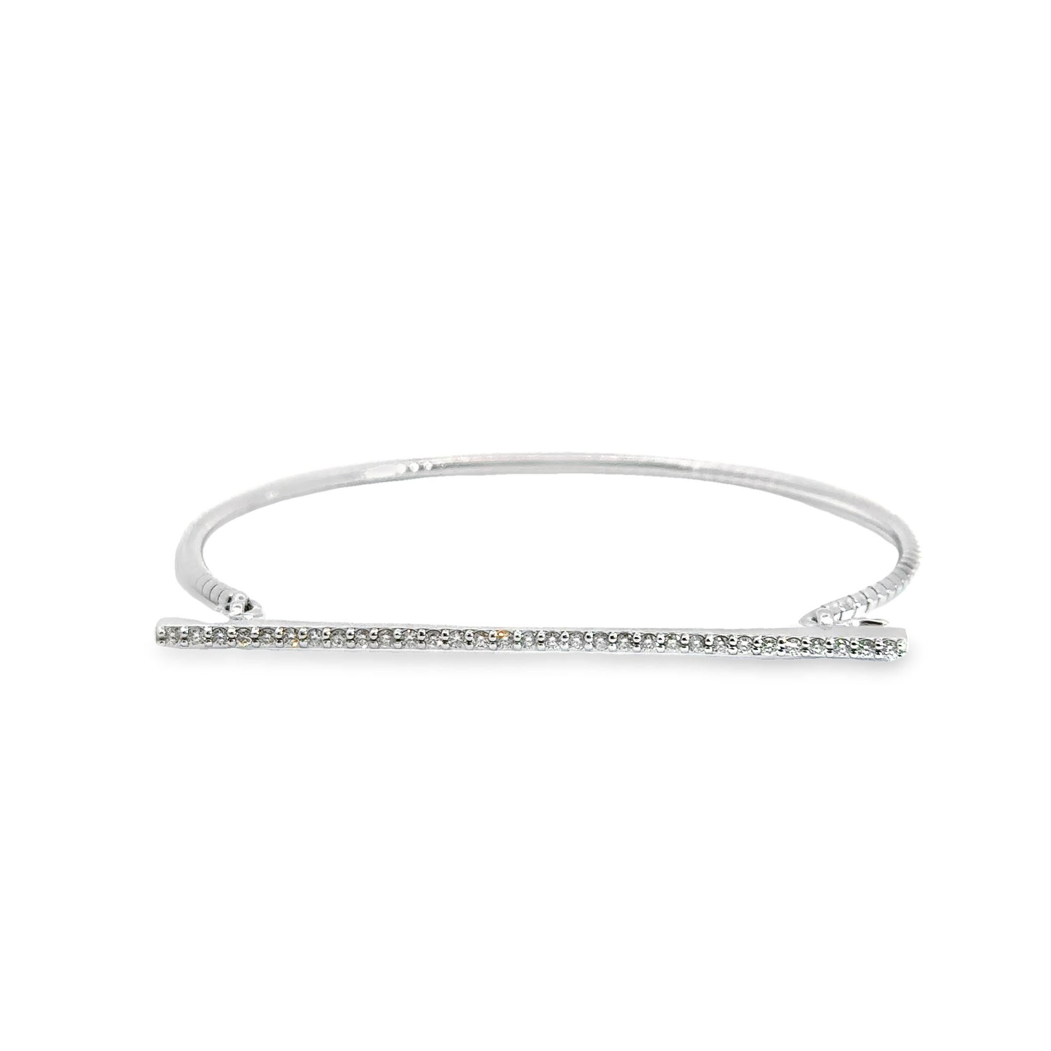 Round Cut Skinny Diamond Bar Bangle with Hook in 18K White Gold For Sale