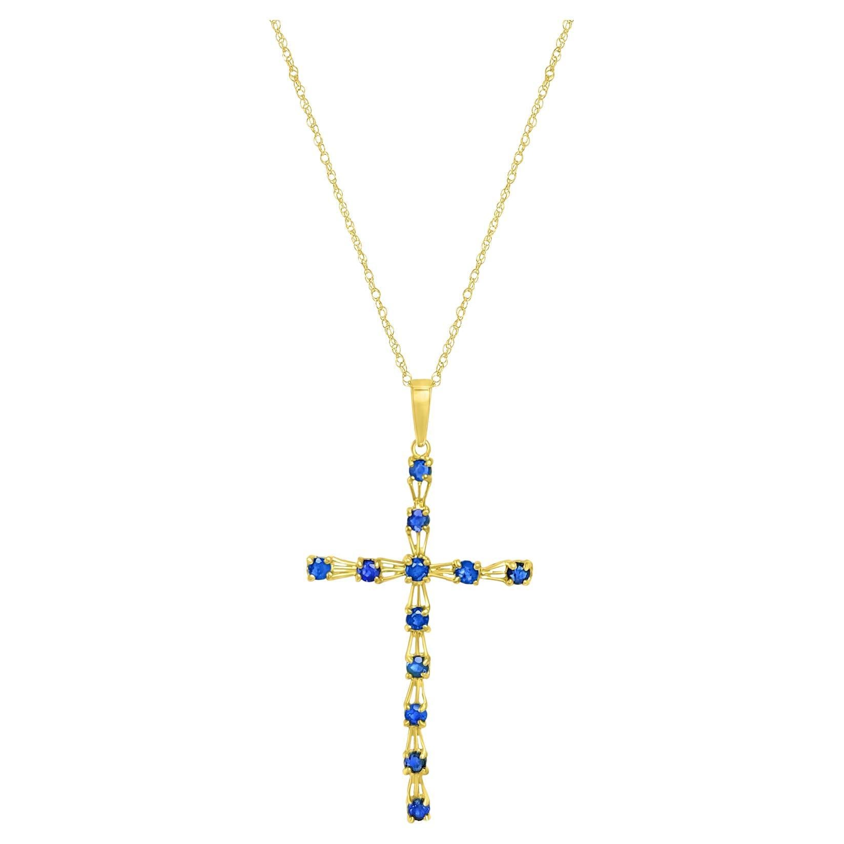 Skinny Sapphire Cross Necklace .50cttw 14k Yellow Gold