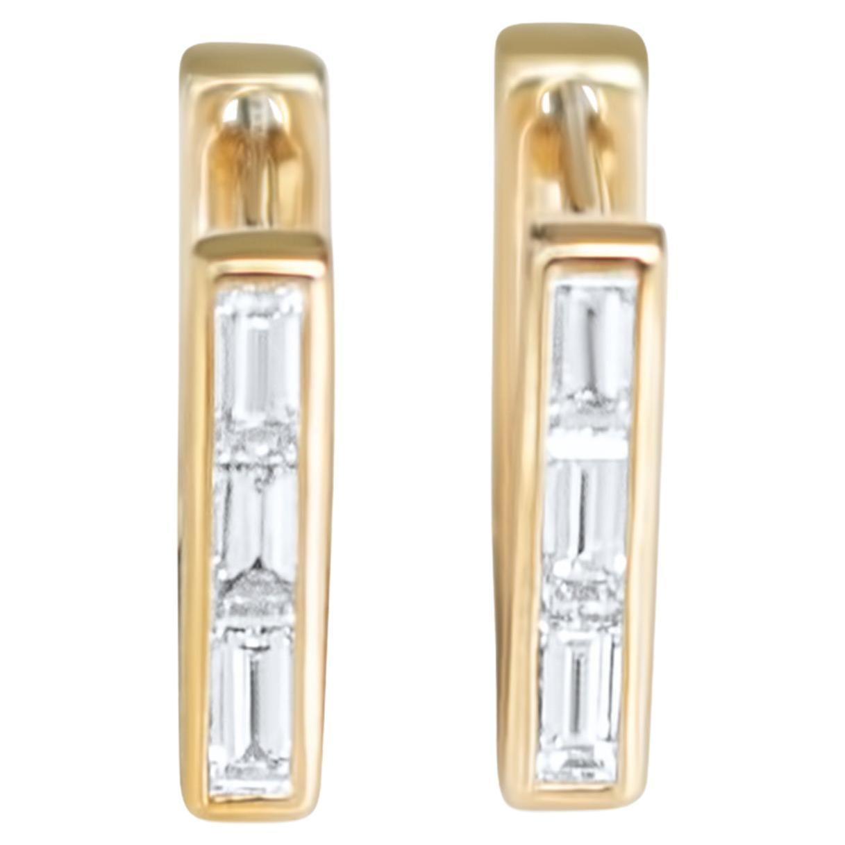 Skinny Square Huggie Earrings with Three Diamond Baguettes For Sale