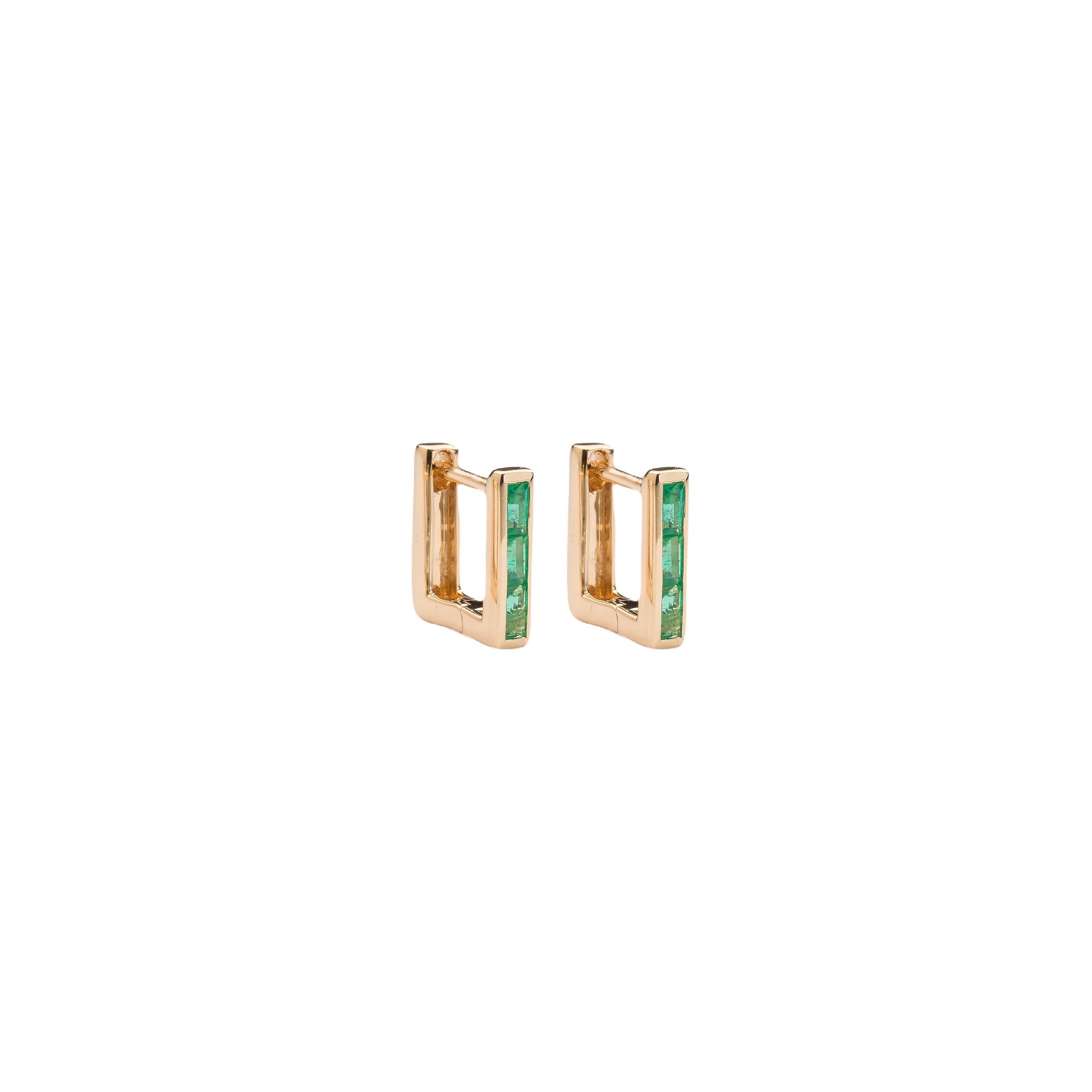 Baguette Cut Skinny Square Huggie Earrings with Three Emerald Baguettes For Sale