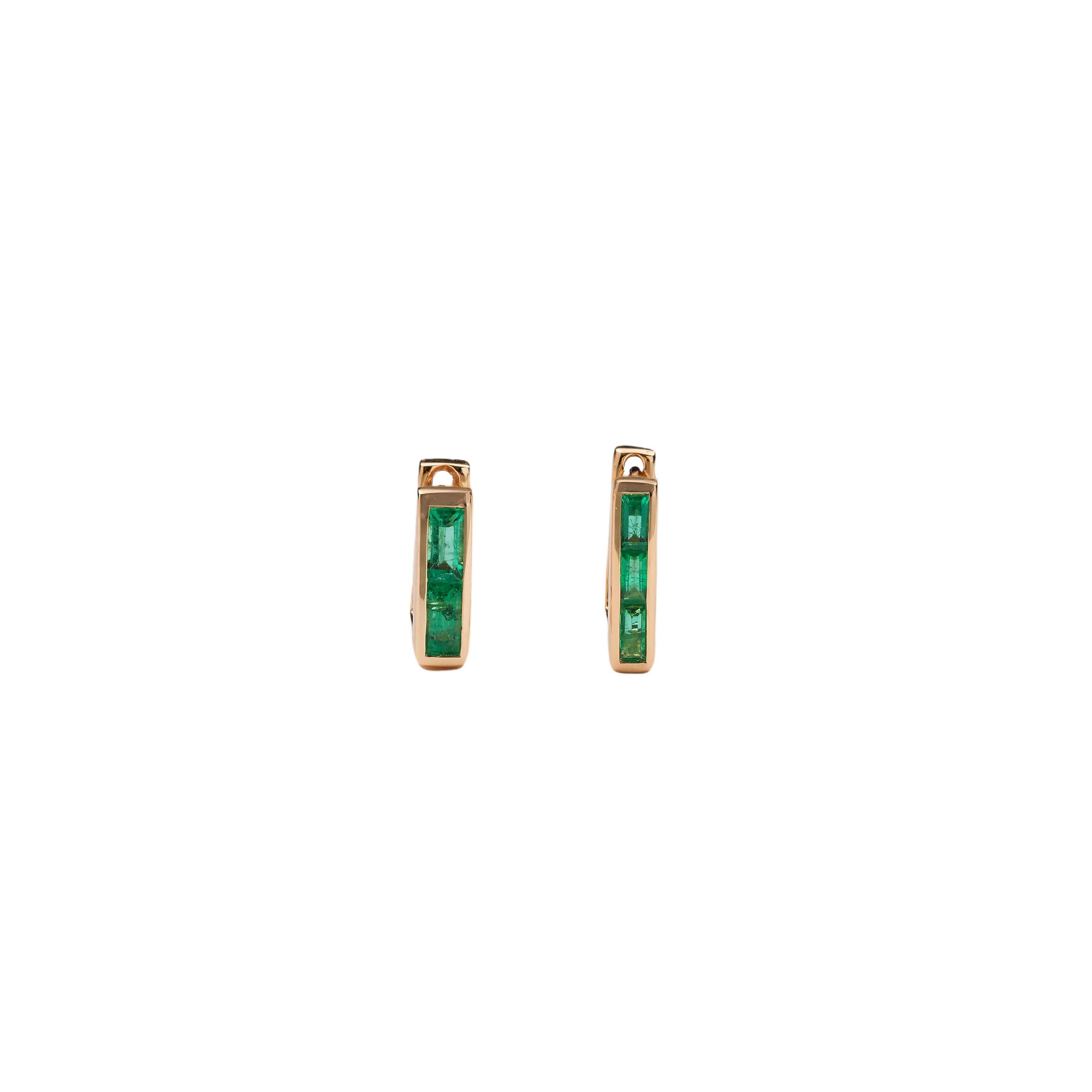 Skinny Square Huggie Earrings with Three Emerald Baguettes In New Condition For Sale In Houston, TX