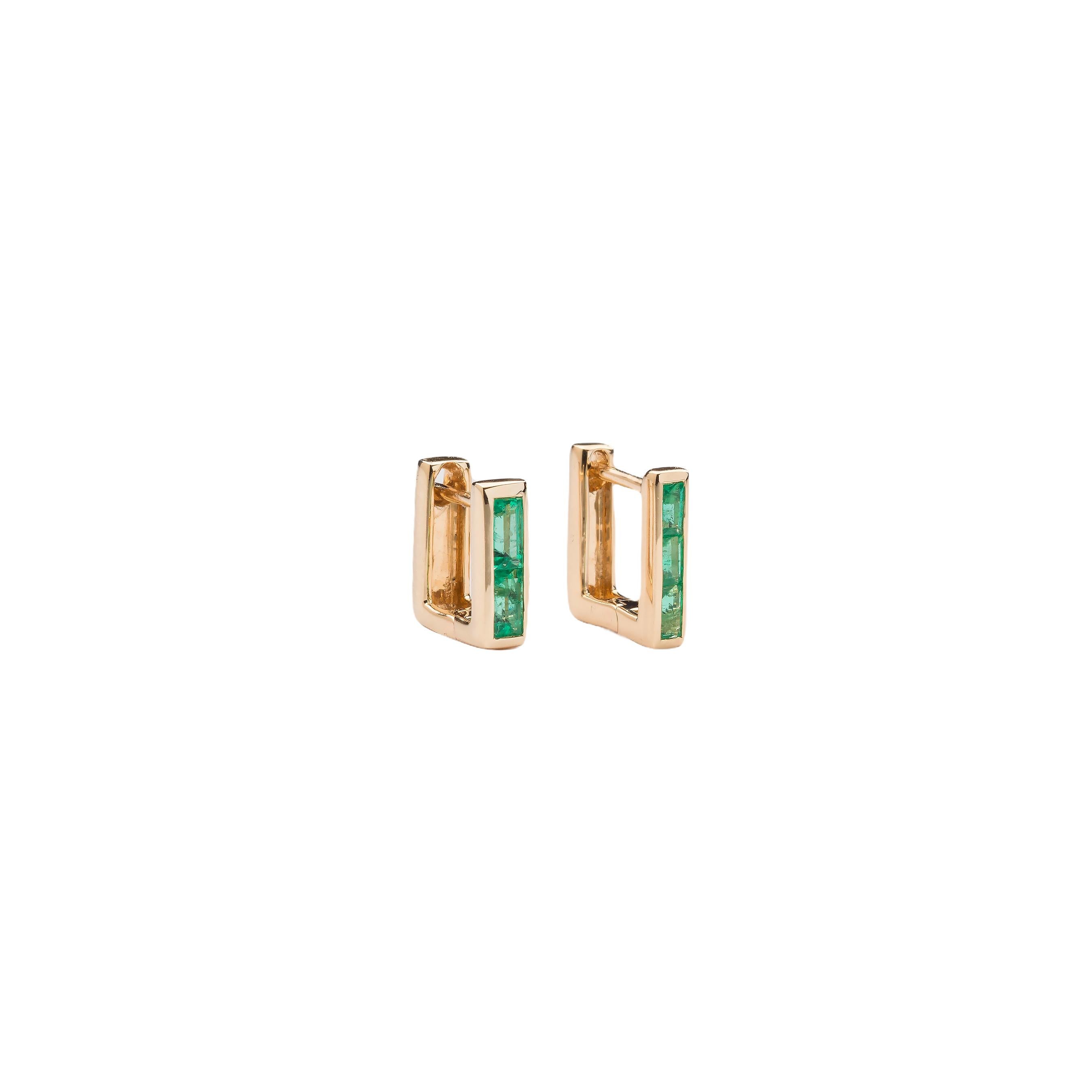 Women's or Men's Skinny Square Huggie Earrings with Three Emerald Baguettes For Sale