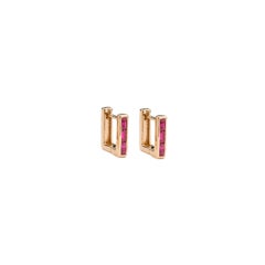 Skinny Square Huggie Earrings with Three Ruby Baguettes